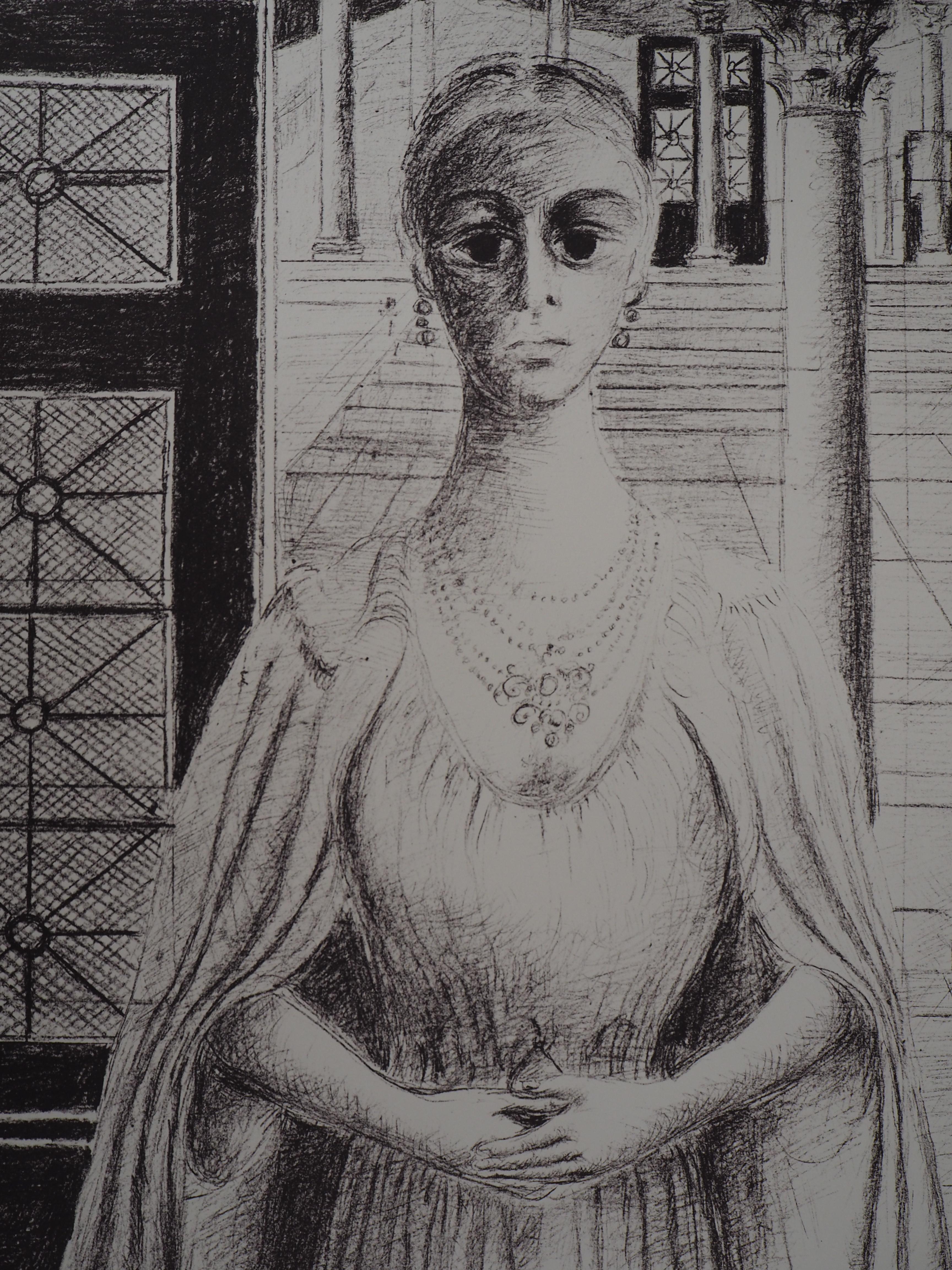 The Empress - Original signed lithograph - 1974 - Gray Portrait Print by Paul Delvaux