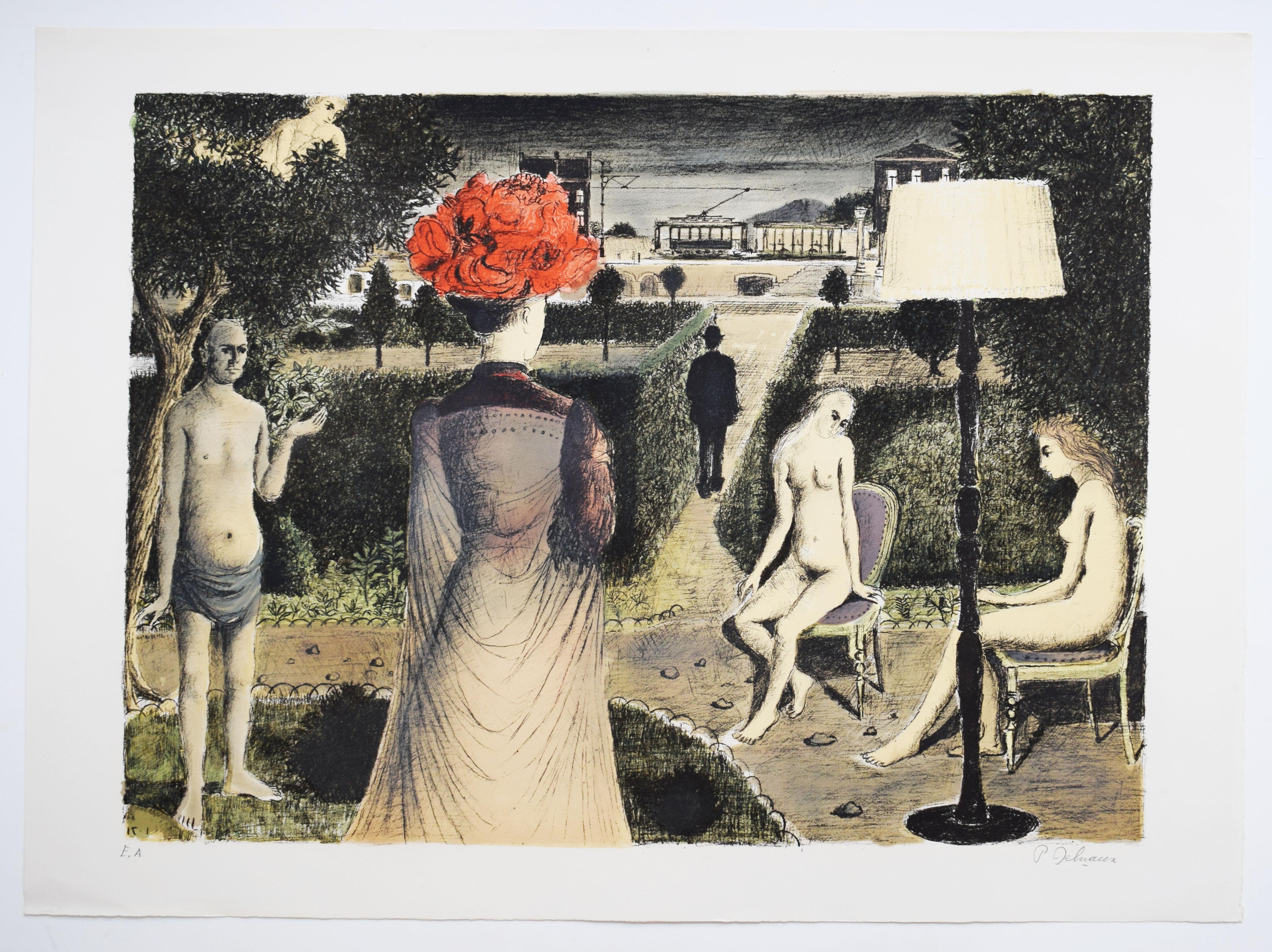 Il giardino - Giardino del surrealismo belga - Print di Paul Delvaux