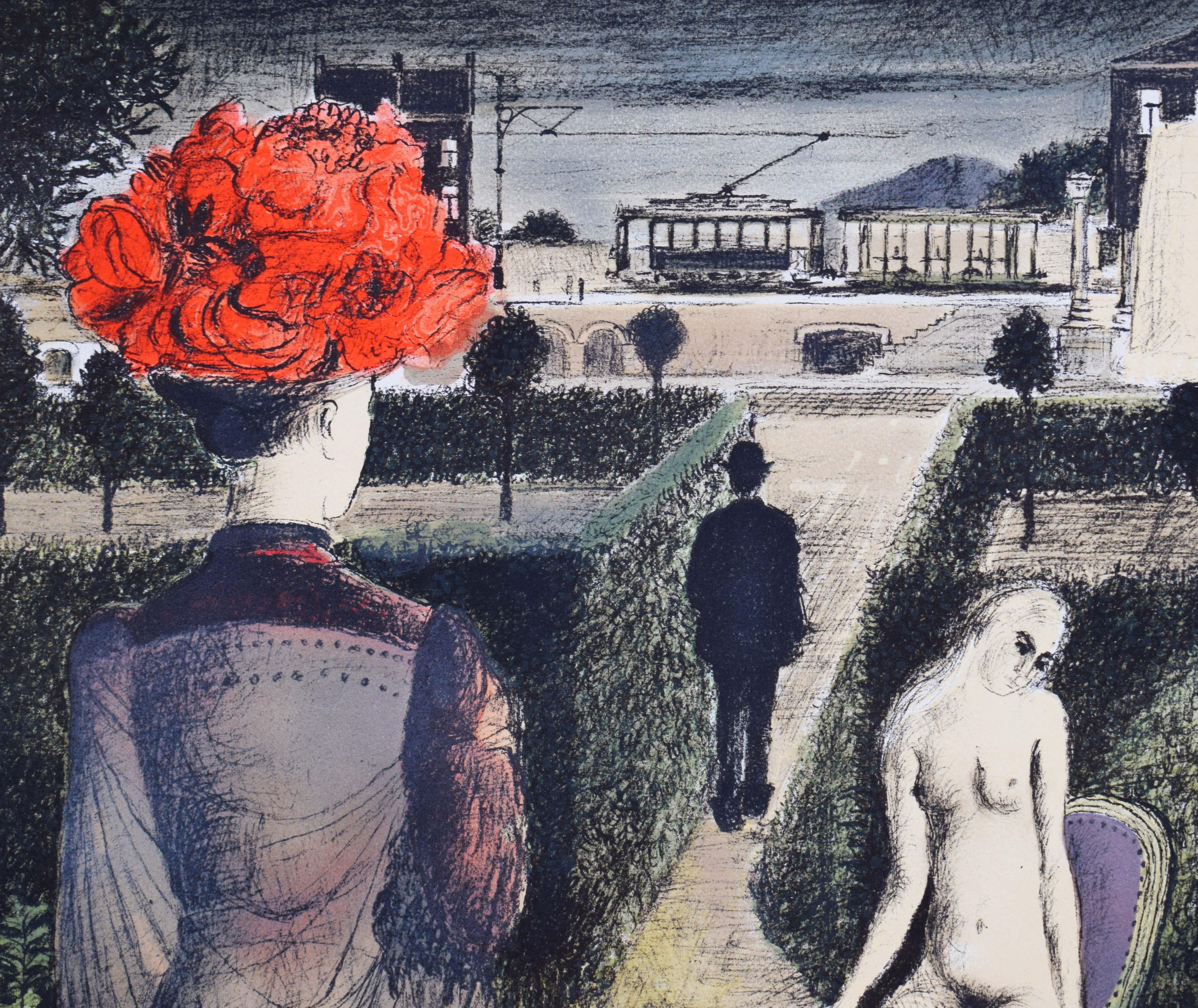 Il giardino - Giardino del surrealismo belga - Figurative Print Nero di Paul Delvaux