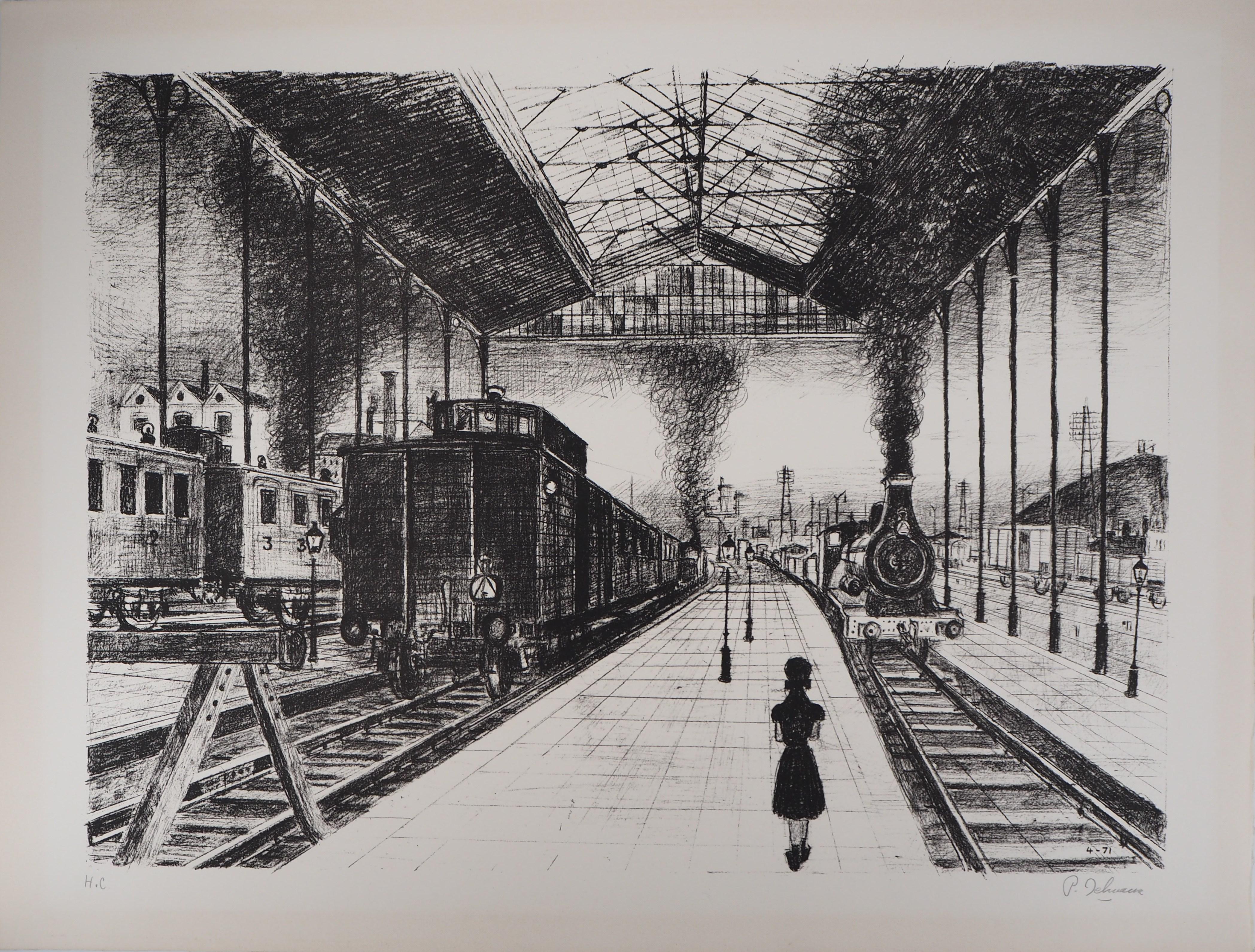 Paul Delvaux Figurative Print - The Train Station - Original signed lithograph - 1971