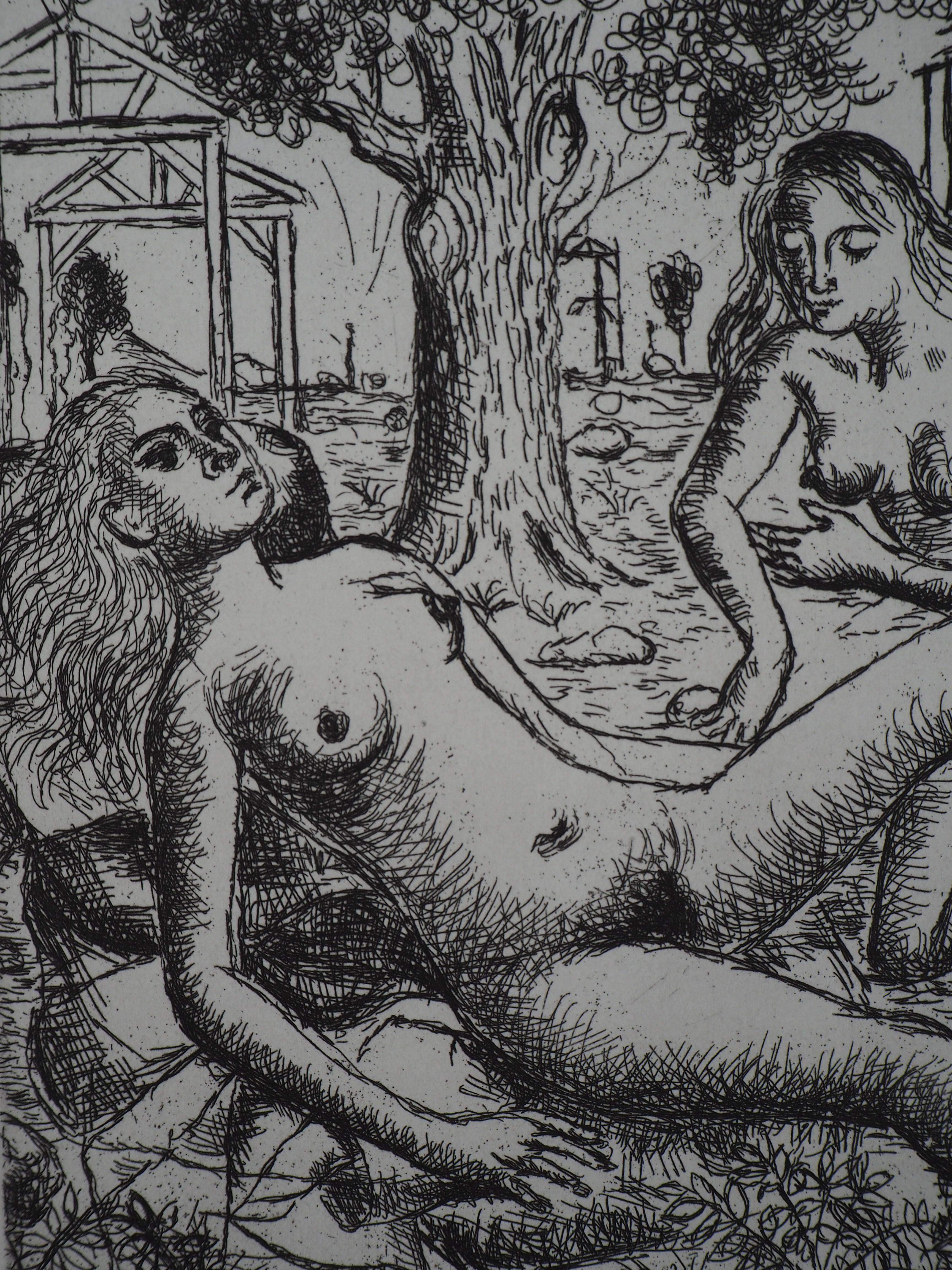 Two Nudes in a Garden - Original signed etching - 1971 - Print by Paul Delvaux