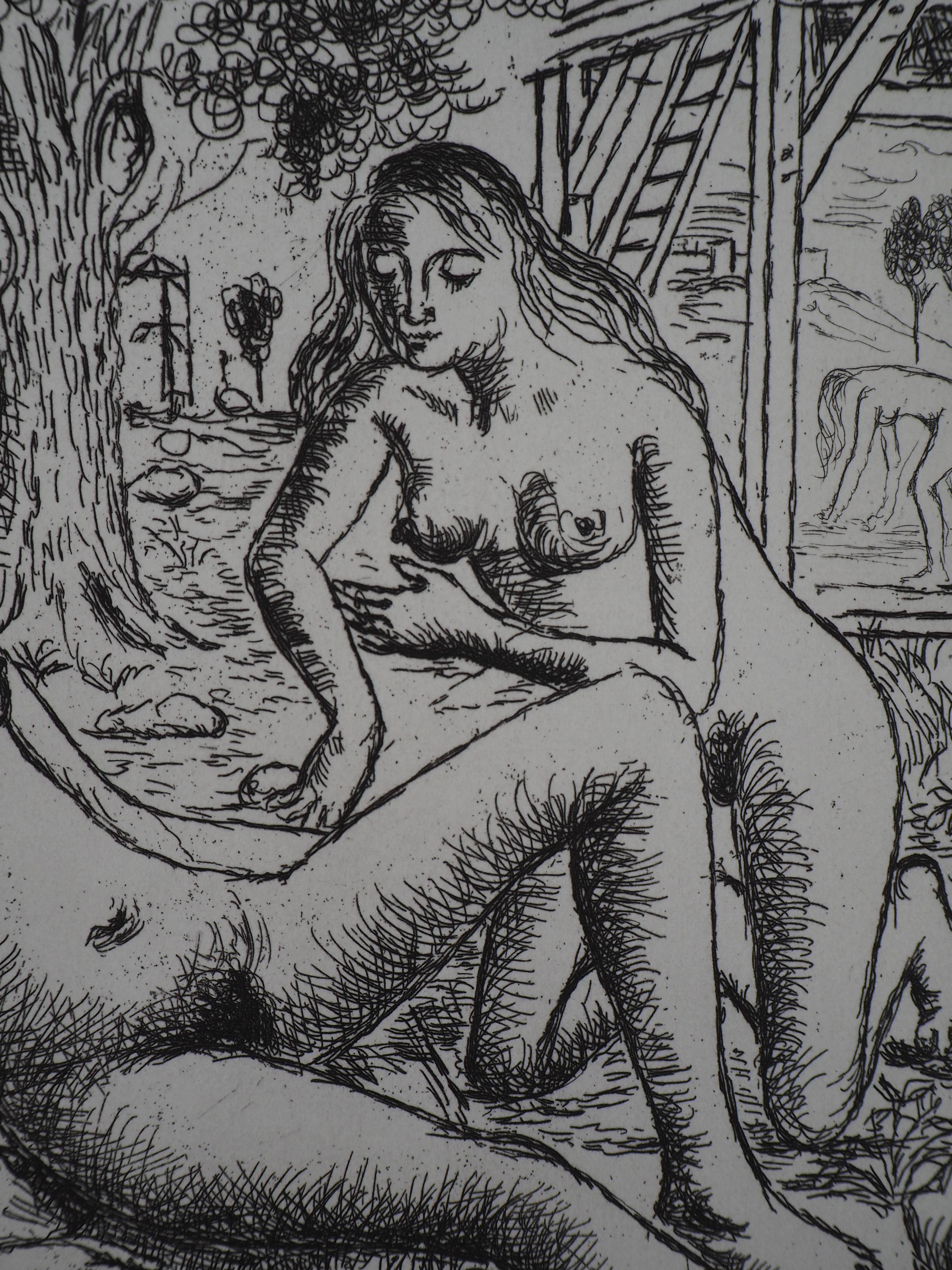 Two Nudes in a Garden - Original signed etching - 1971 - Modern Print by Paul Delvaux