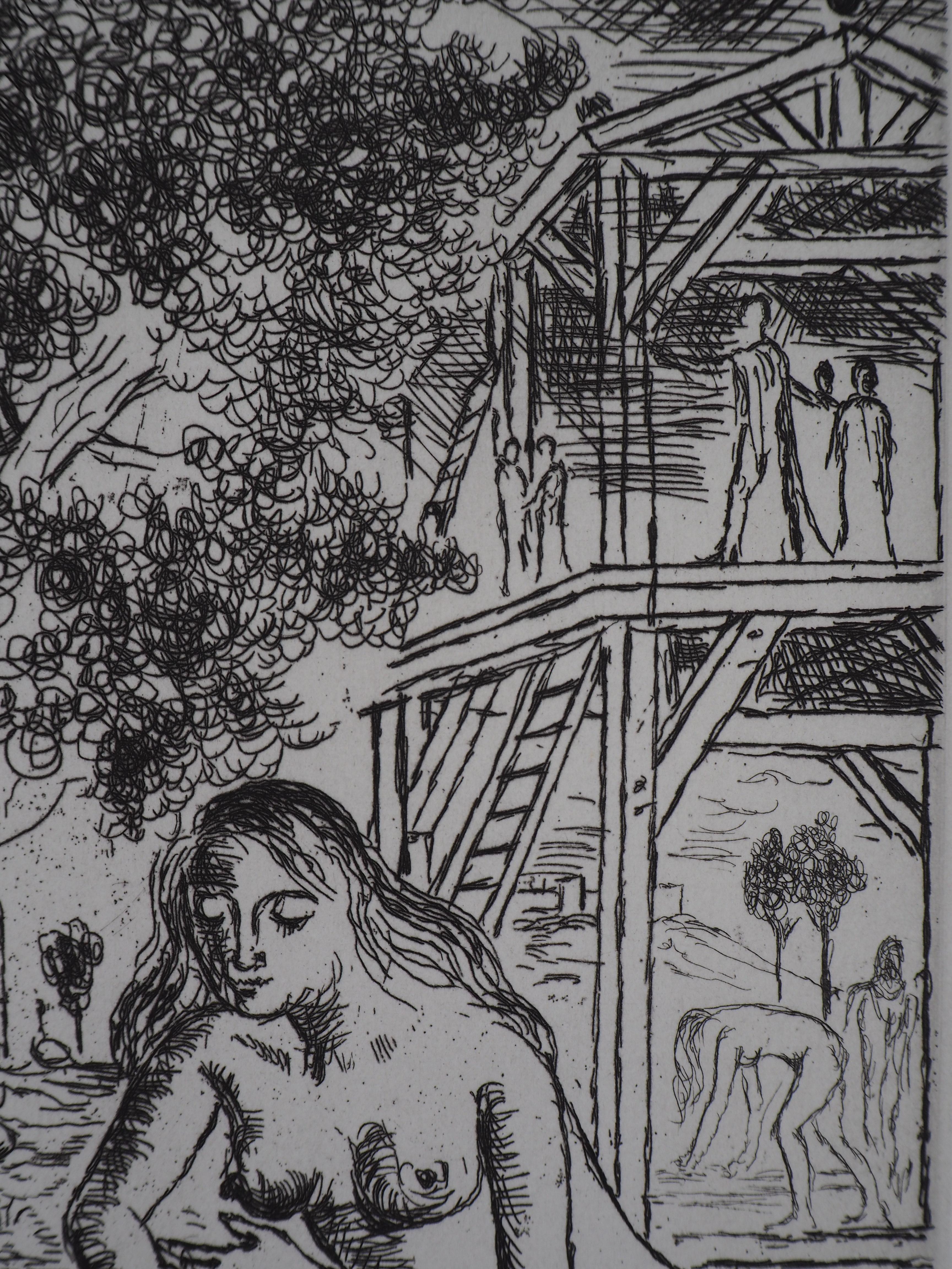 Two Nudes in a Garden - Original signed etching - 1971 - Gray Nude Print by Paul Delvaux