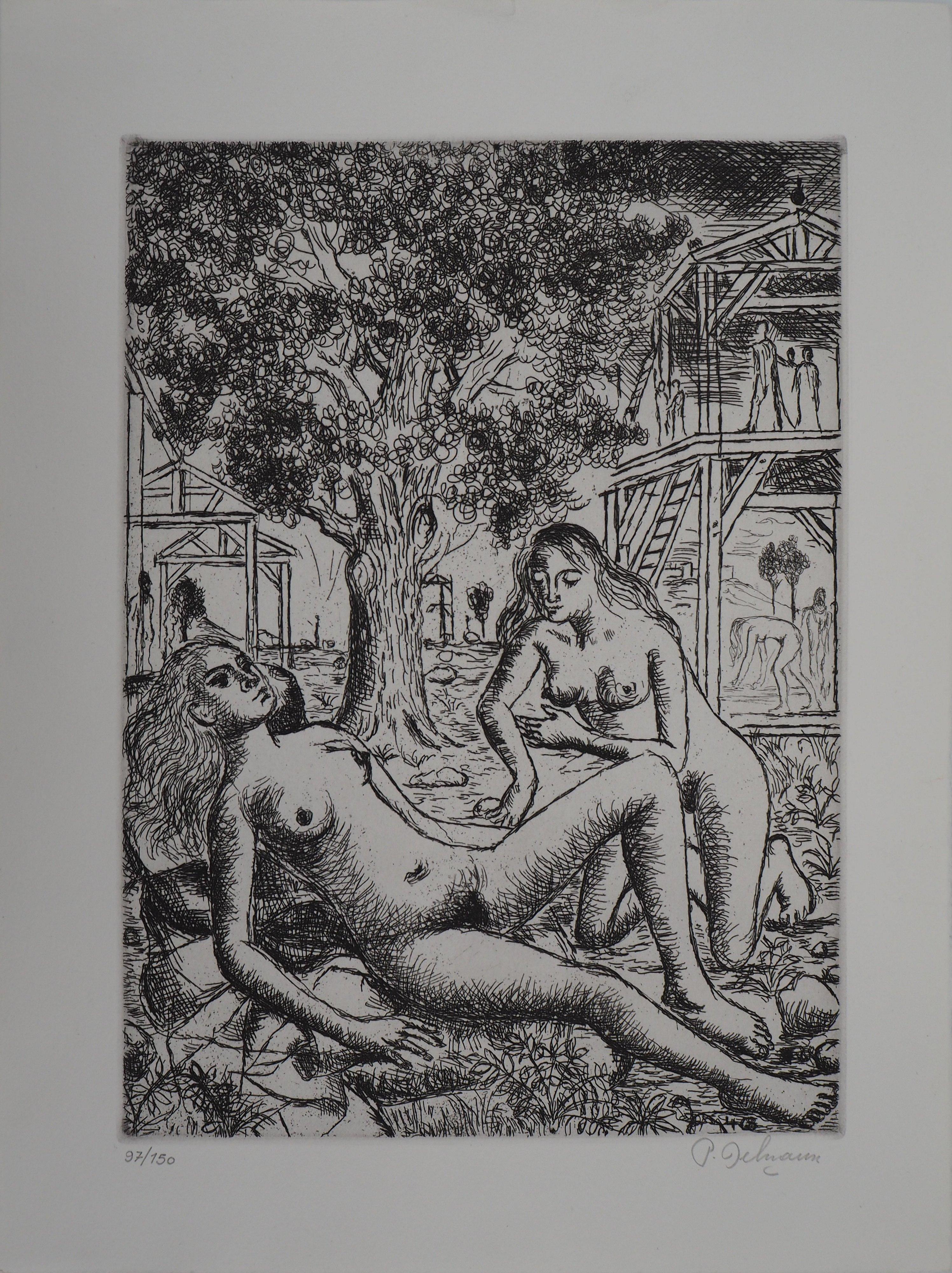 Paul Delvaux Nude Print - Two Nudes in a Garden - Original signed etching - 1971