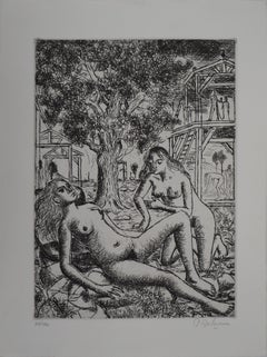 Two Nudes in a Garden - Original signed etching - 1971