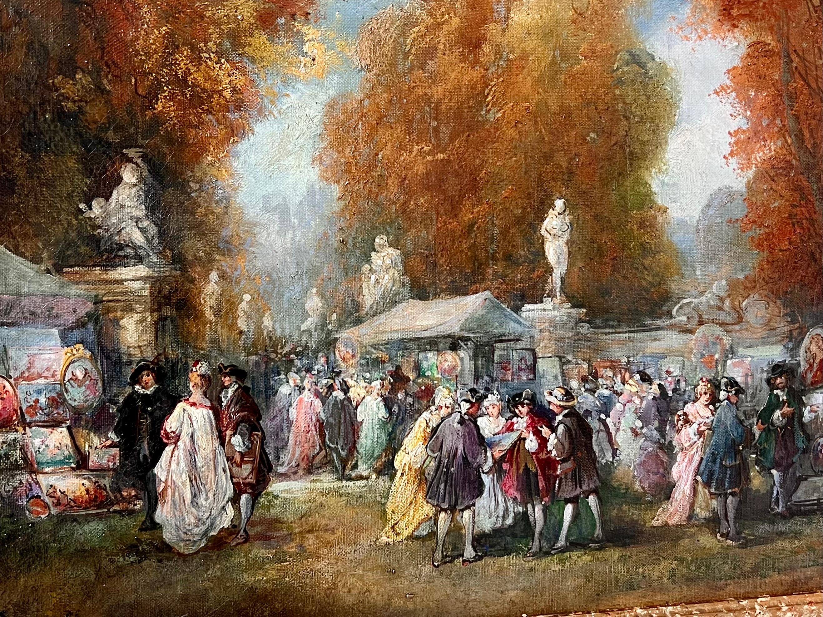 19th century French romantic painting - The art fair in a park landscape - Romantic Painting by Paul Denarié (Jean Sorlain)