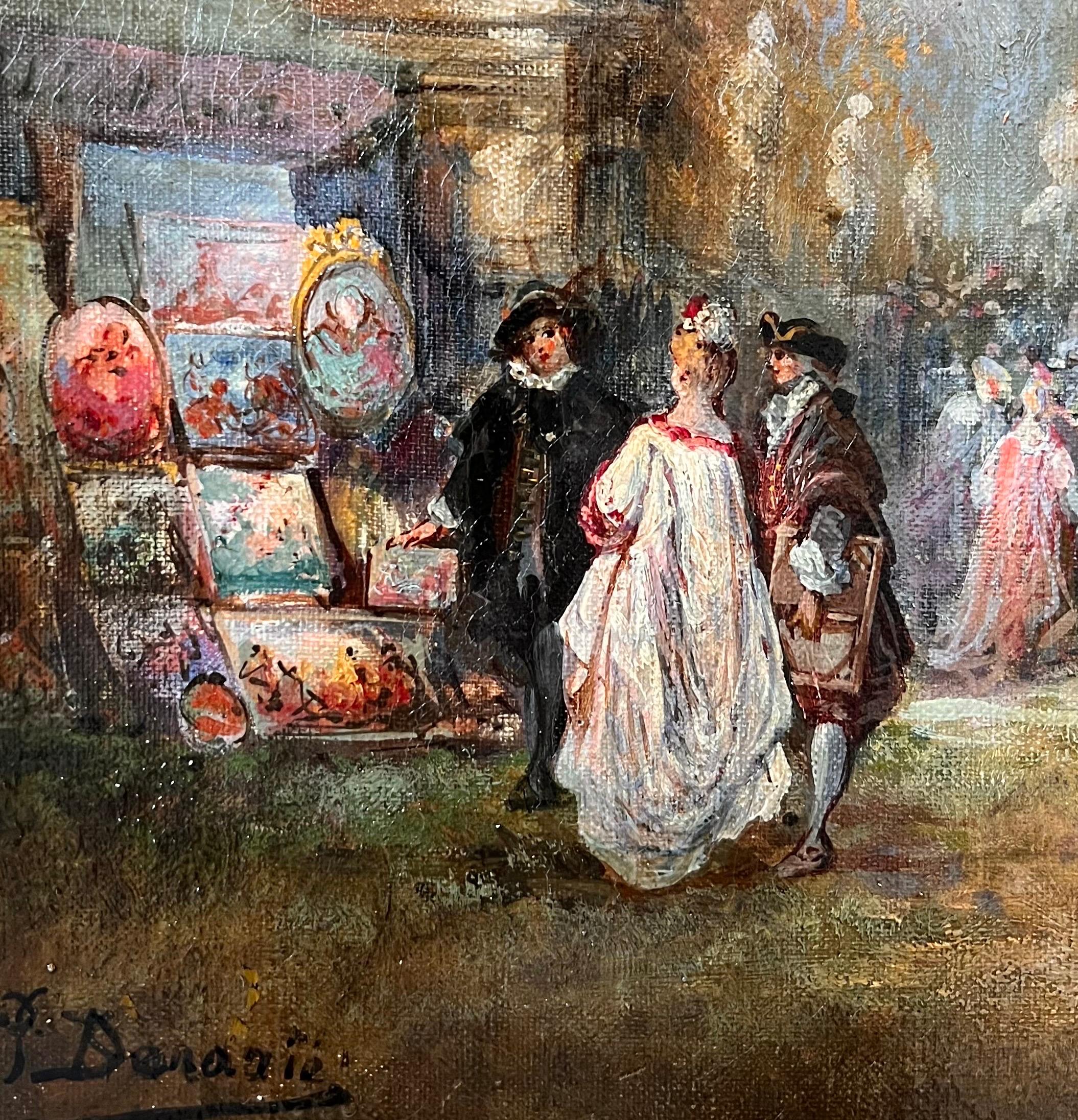 19th century French romantic painting depicting a peaceful and luxurious day at an outdoor art market

Elegantly dressed people can be seen browsing through an open air art market on a sunny day, glancing at the many beautiful works on display. Some