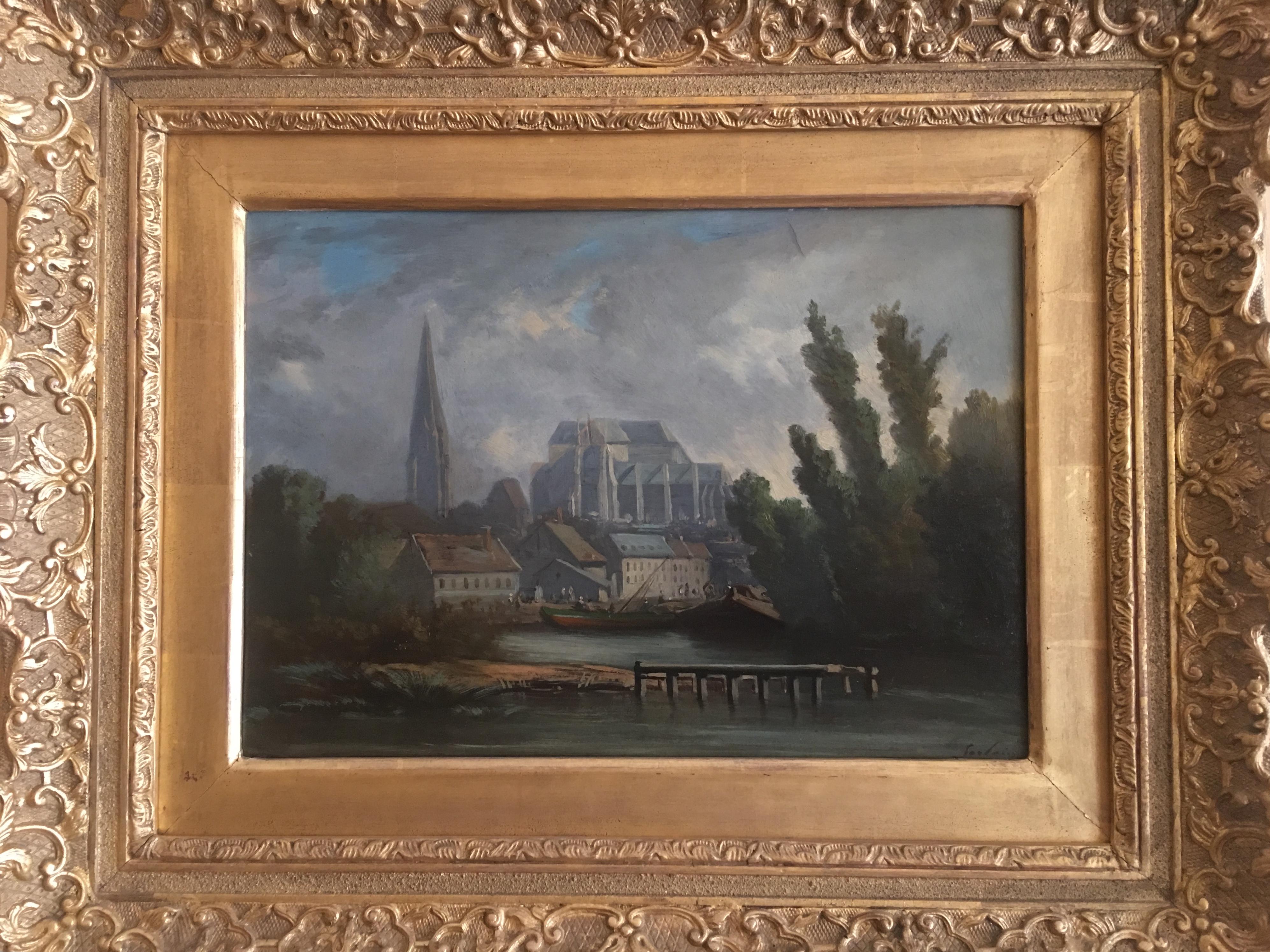 View of the Cathedral of a Normandy City Oil on Board Signed Sorlain - Painting by Paul Denarié (Jean Sorlain)