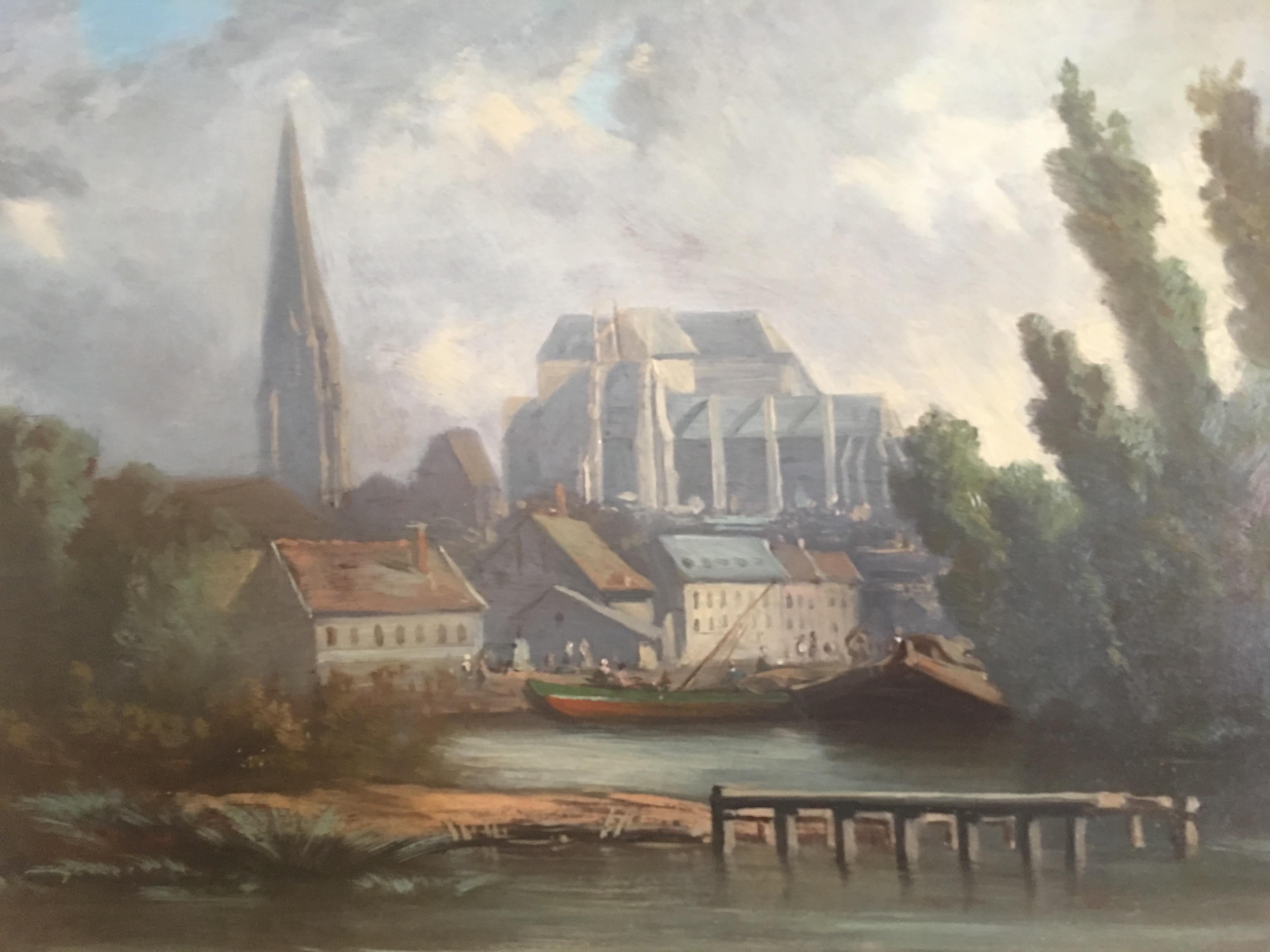 A view of a Normandy Town with Cathedral and river.

Oil on board signed bottom left J.Sorlain, circa 1900.

J. Sorlain is the pseudonym of Paul Denarié (1859-1942)

Paul Denarié, also known as Jean Sorlain, born in 1859 in Paris and died in 1942 in