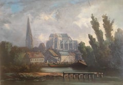 Antique View of the Cathedral of a Normandy City Oil on Board Signed Sorlain