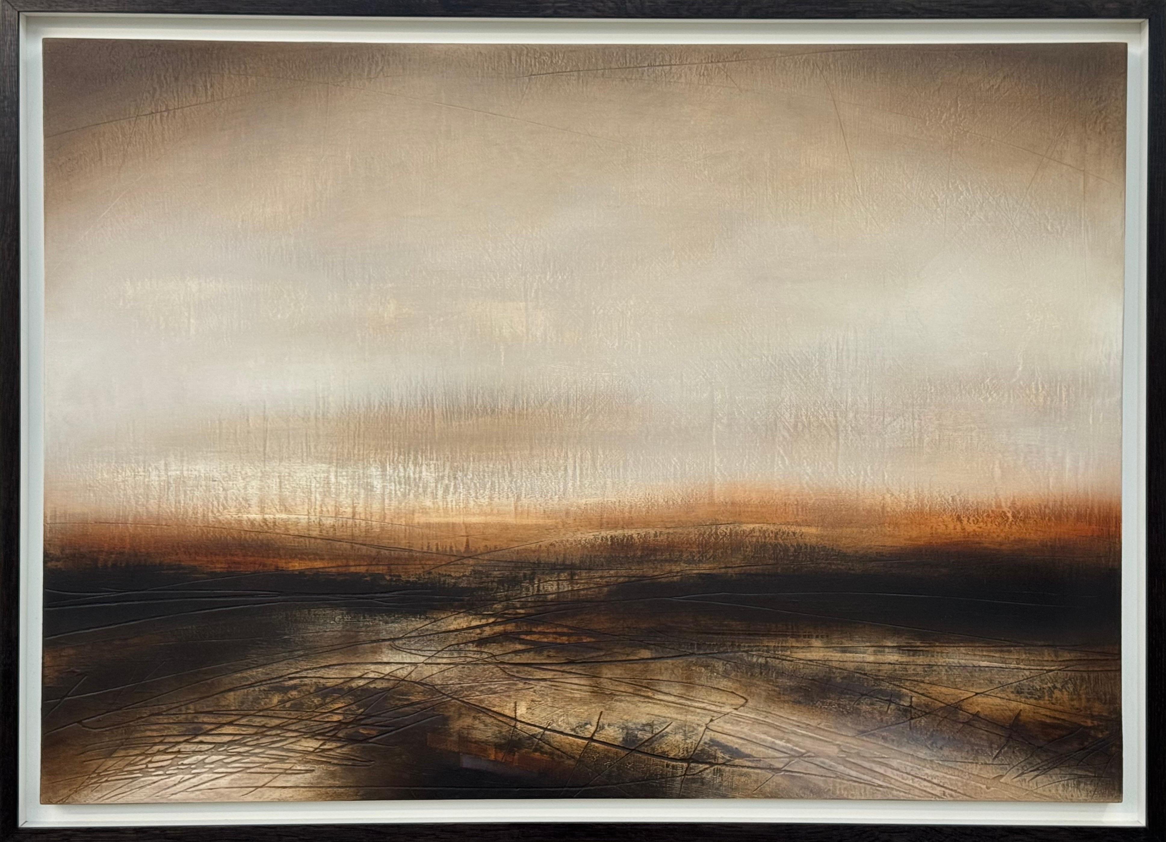 Peinture à l'huile abstraite - Lande brune d'humeur se transformant en un horizon de lumière brumeuse