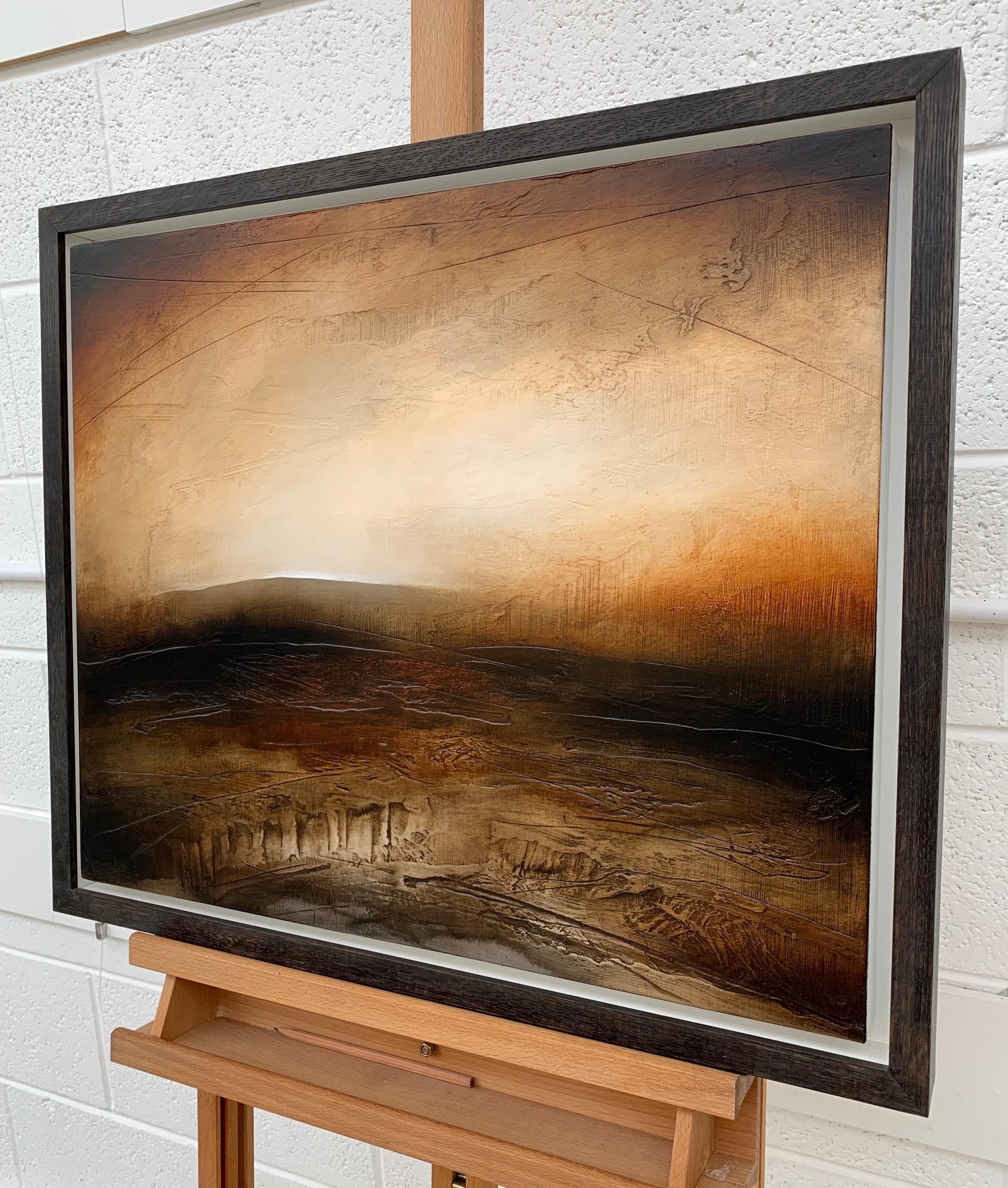 Atmospheric Abstract Landscape Painting of British Moorland with Earthy Tones, entitled 'The Oldest Hill', by English Artist Paul Denham. Paul starts to paint by applying a ground into which he carves linear markings. These lines give the surface an