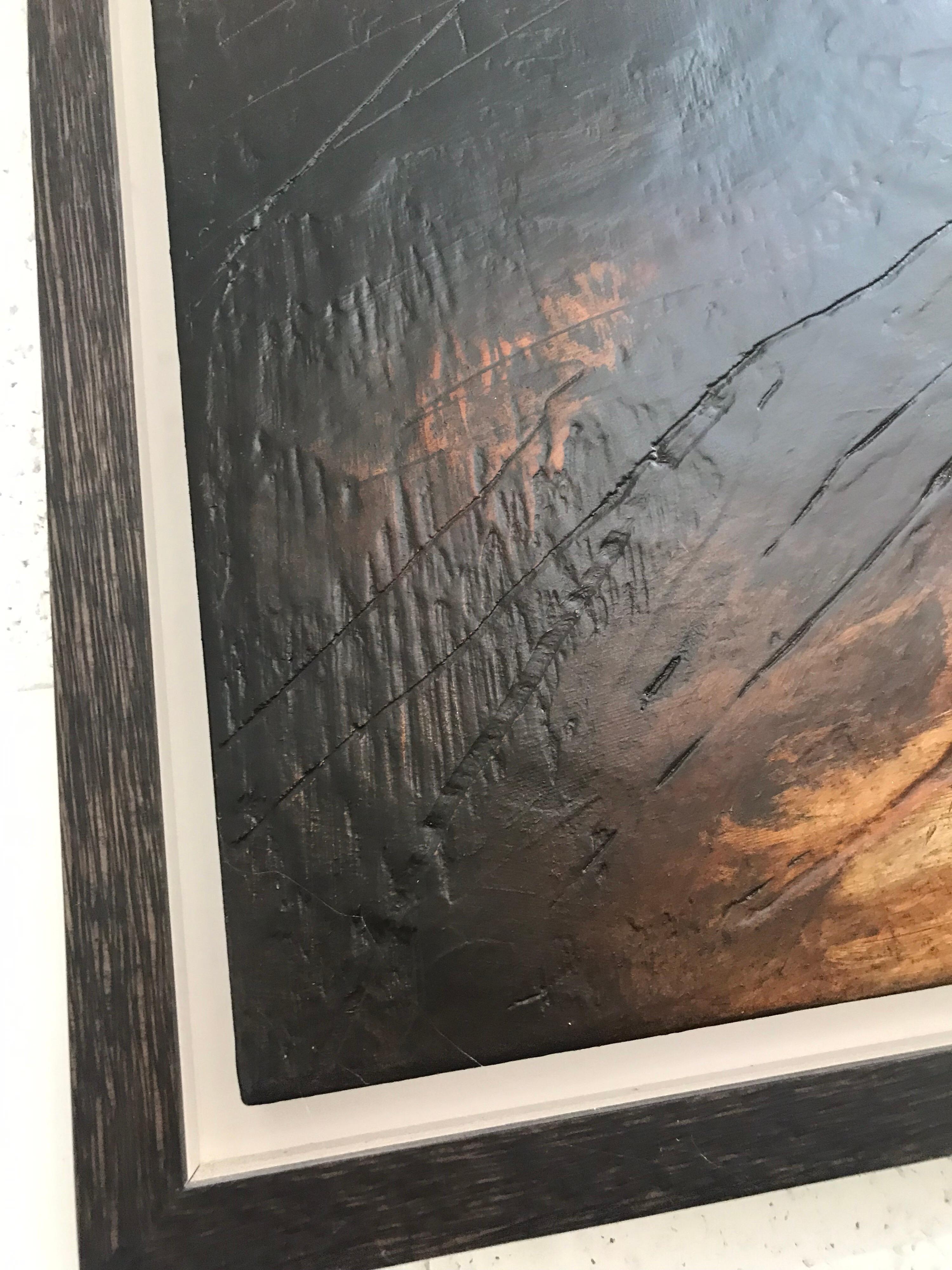 Paesaggio astratto d'atmosfera dipinto su una brughiera inglese con toni terrosi dall'artista britannico Paul Denham. 

Nato nel 1977, Paul Moore è cresciuto a Raby Park, vicino a Staindrop, dove i campi, i boschi e le lontane brughiere delle