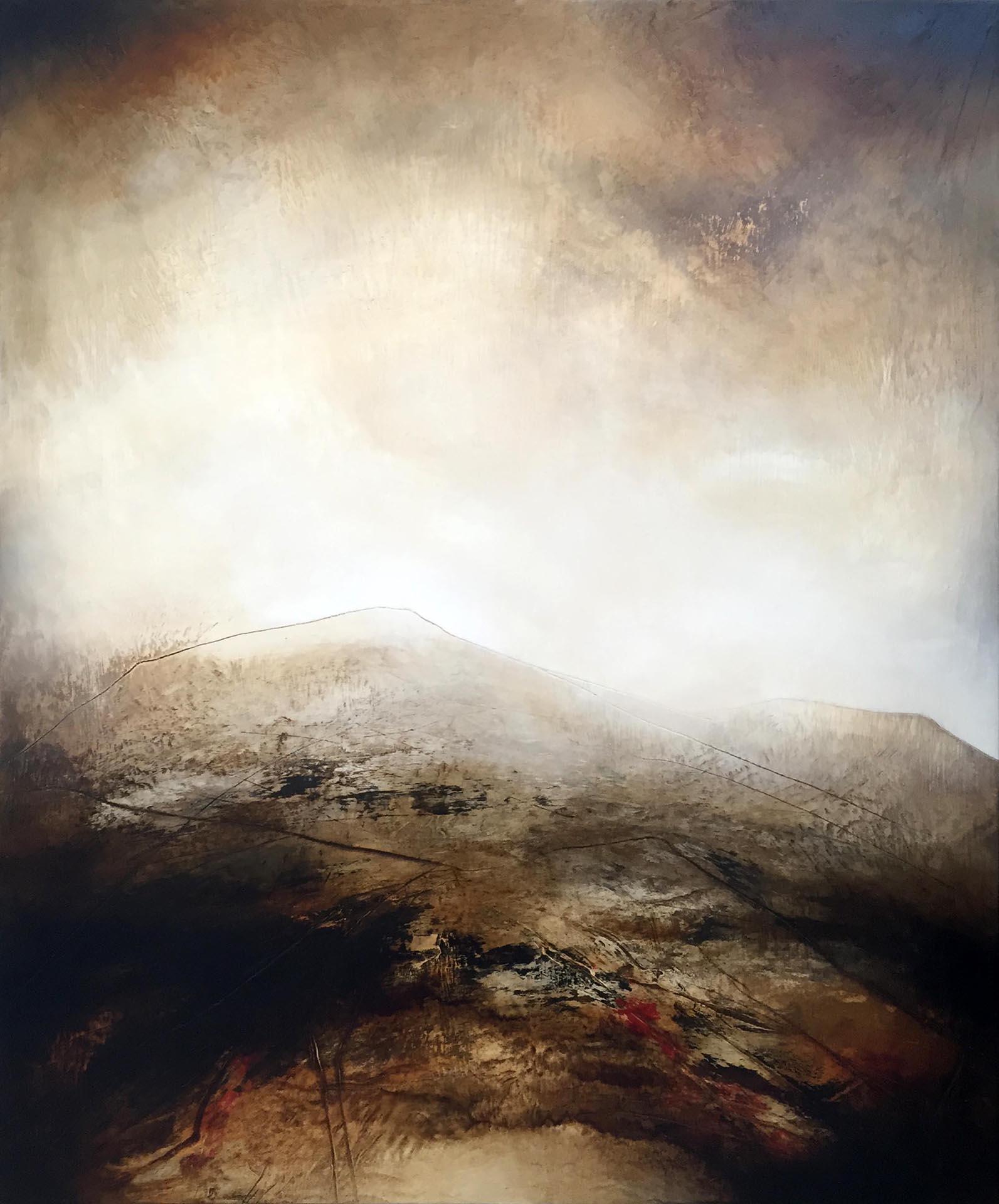 Paul Denham Landscape Painting – Atmosphärisches abstraktes Landschaftsgemälde einer englischen Moorlandschaft in Erdtönen mit Erdtönen