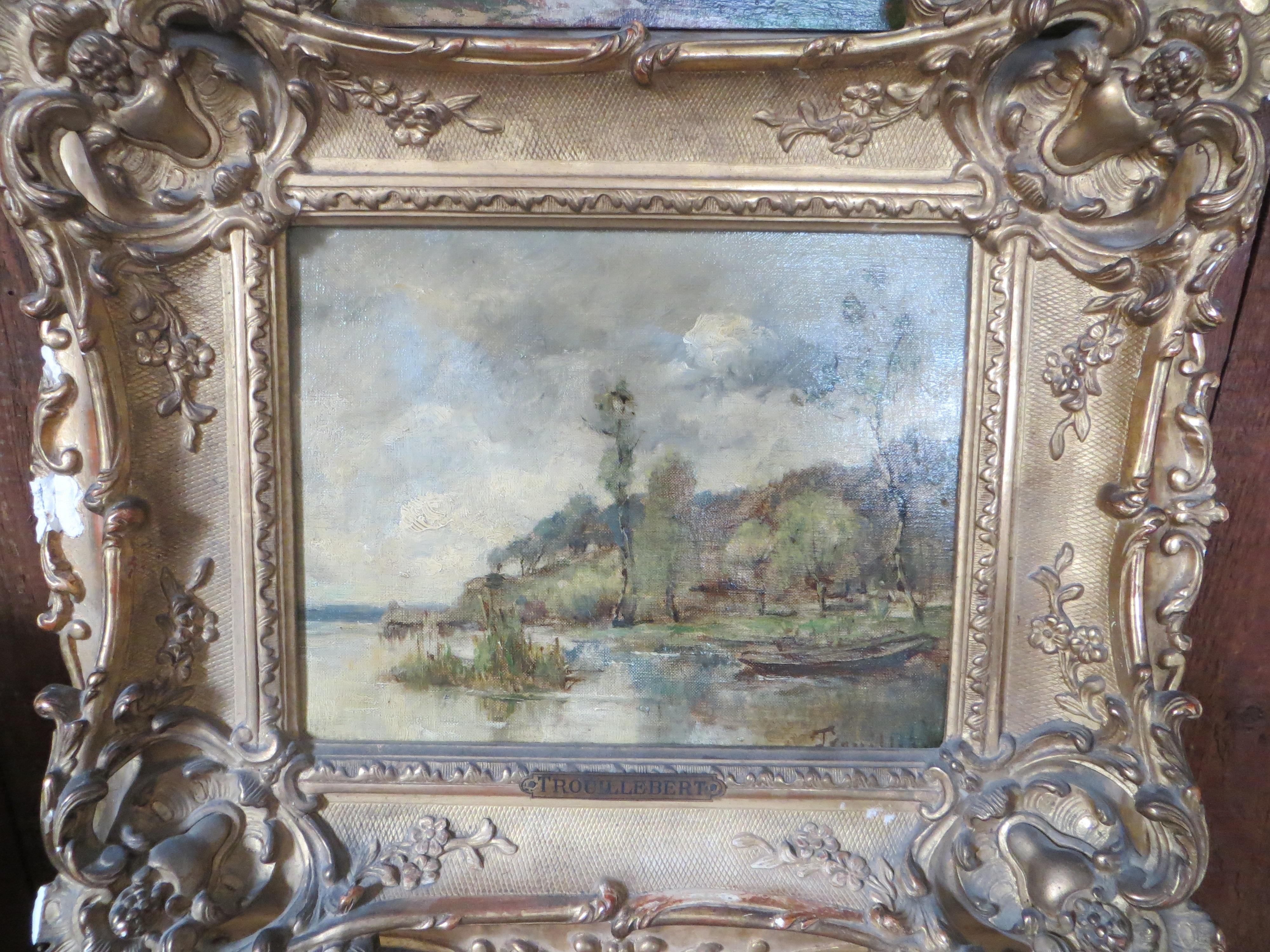 Paisaje animado con una barca en un lago - óleo sobre lienzo - por Trouillebert Paul