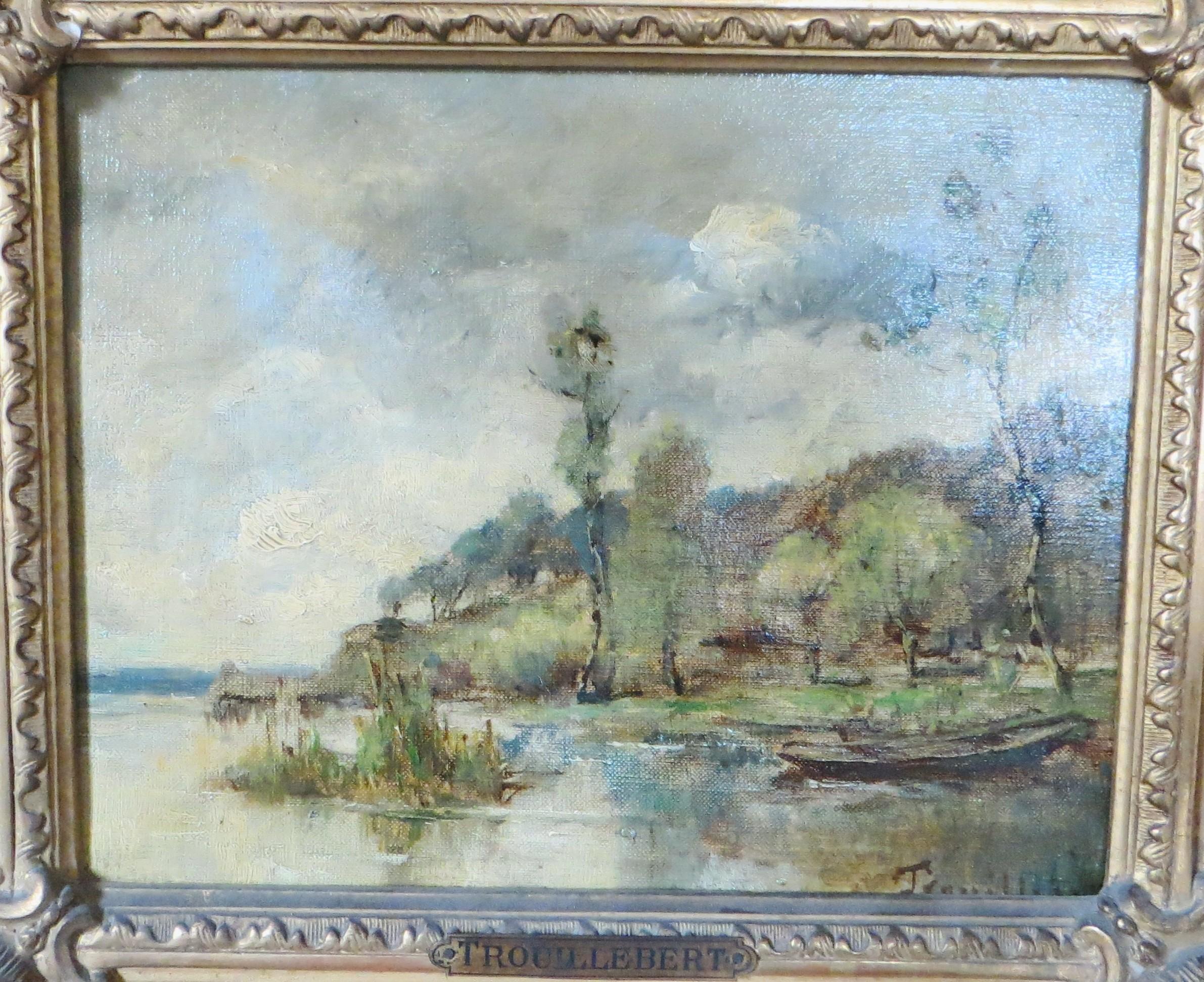 French Landscape With A Boat On A Lake - oil on canvas -by Trouillebert Paul - Painting by Paul Desire Trouillebert