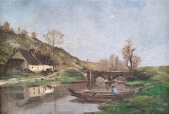 Peinture impressionniste française TROUILLEBERT attribuée Paysage bateau de rivière