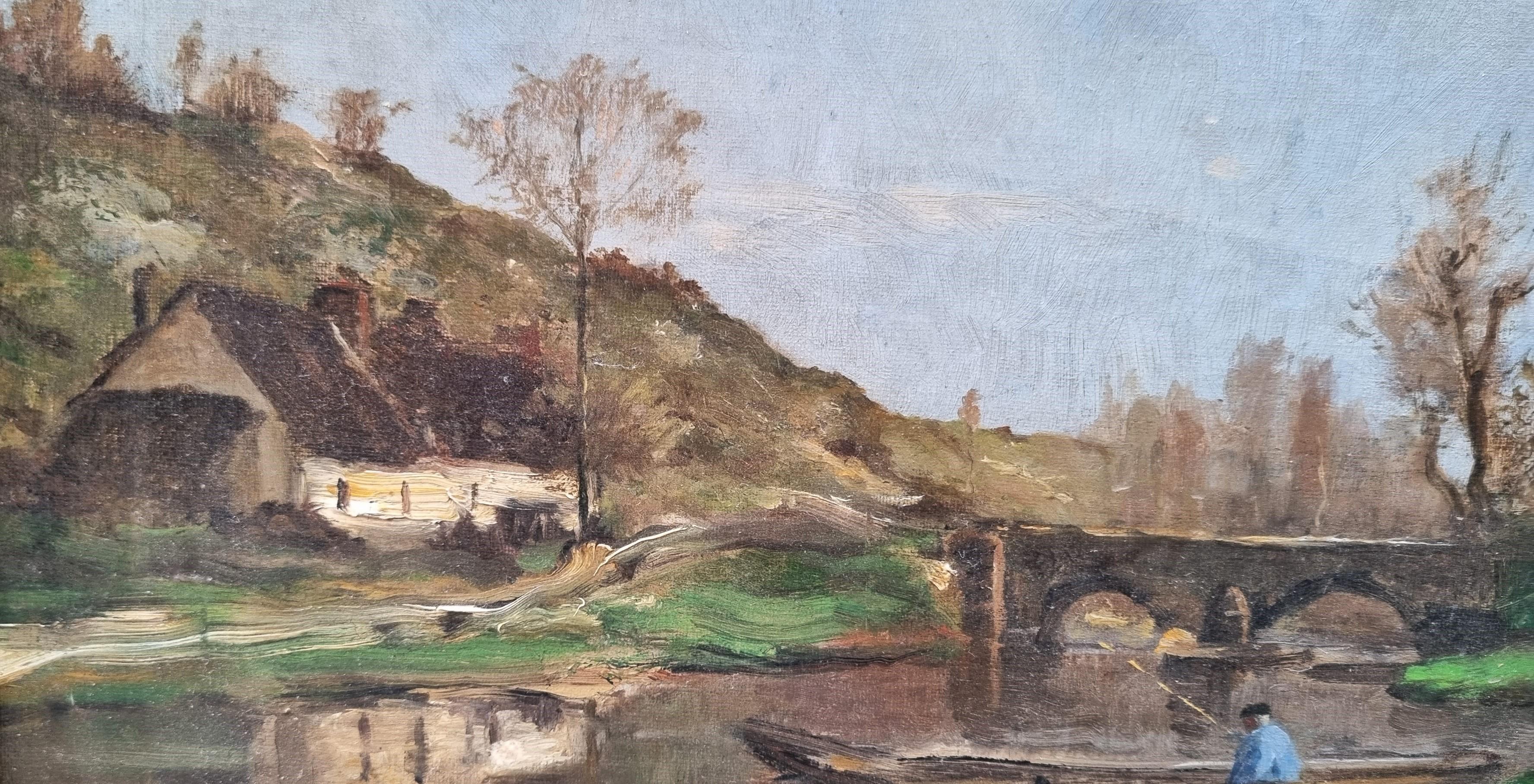 Französisches impressionistisches Gemälde TROUILLEBERT, TROUILLEBERT zugeschrieben Landschaft, Flussschifffahrt (Grau), Landscape Painting, von Paul Desire Trouillebert
