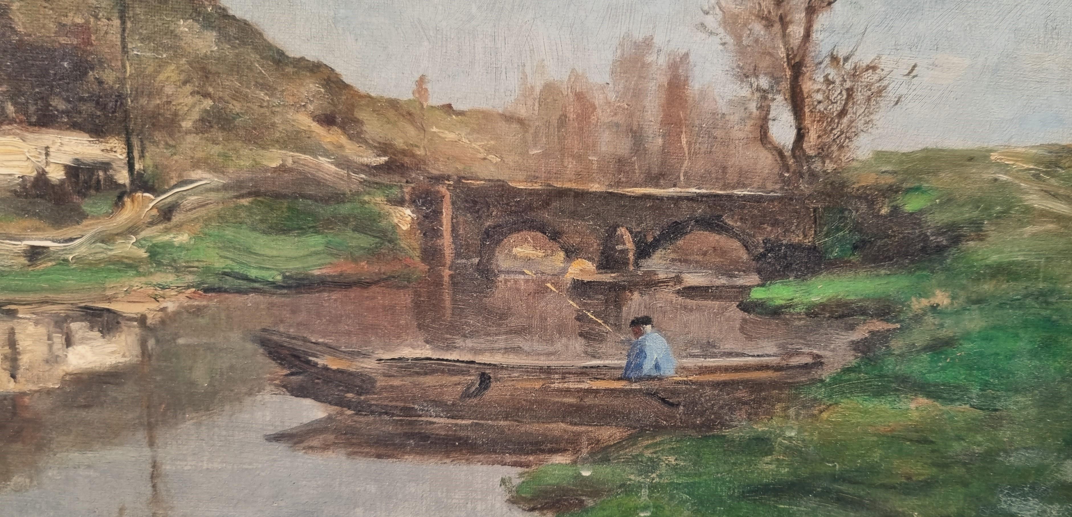 Französische Schule vom Ende des 19. Jahrhunderts
Paul Désiré TROUILLEBERT zugeschrieben (Paris, 1831, Paris, 1900)
Landschaft mit einem Boot auf dem Fluss in der Nähe einer Brücke
Öl auf Leinwand 40 x 30 cm (50 x 40 cm mit Rahmen)
Verso Stempel des