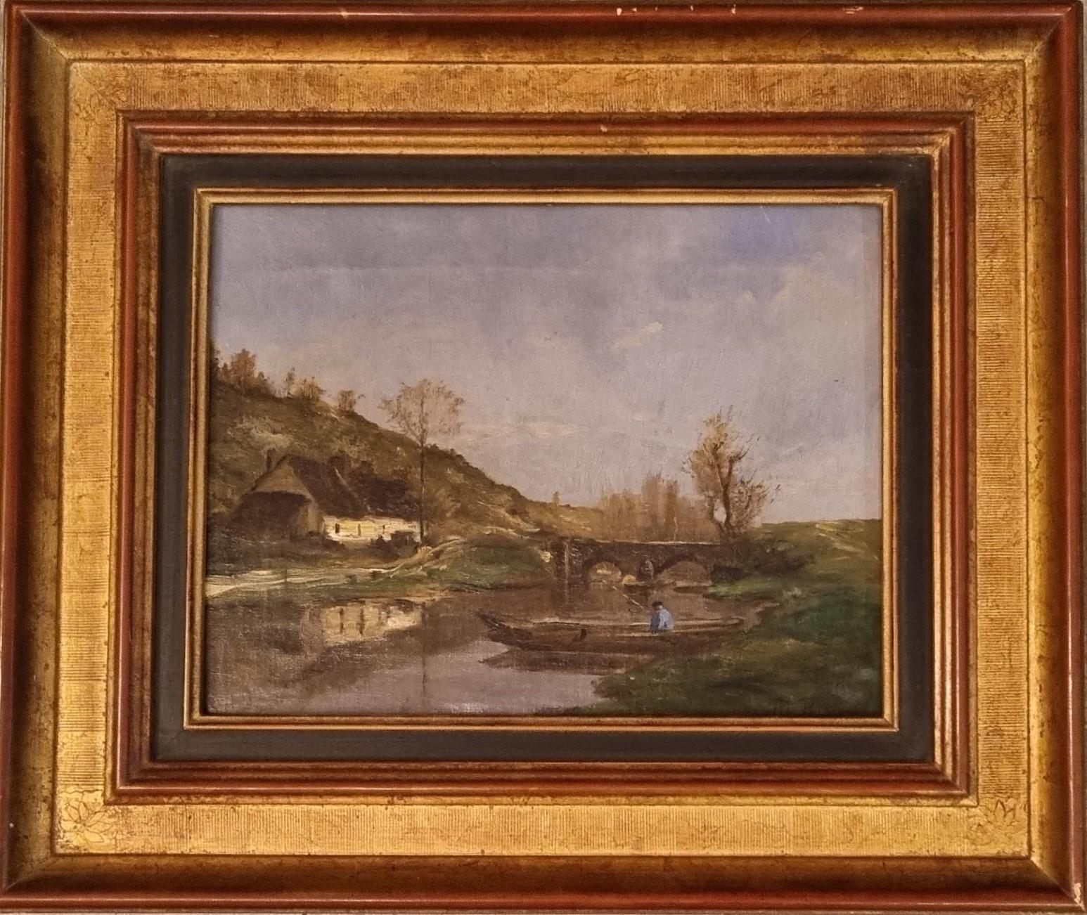 Französisches impressionistisches Gemälde TROUILLEBERT, TROUILLEBERT zugeschrieben Landschaft, Flussschifffahrt im Angebot 4