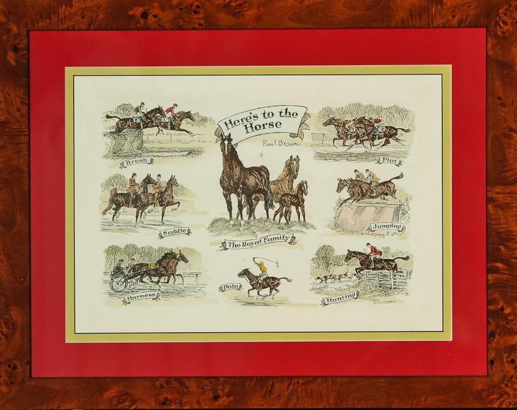 Classic PDB 'Here's to the Horse' print depicting seven equine pursuits

Print Sz: 19 1/2"H x 13 1/2"

Frame Sz: 15"H x 19"W

w/ birdseye maple frame