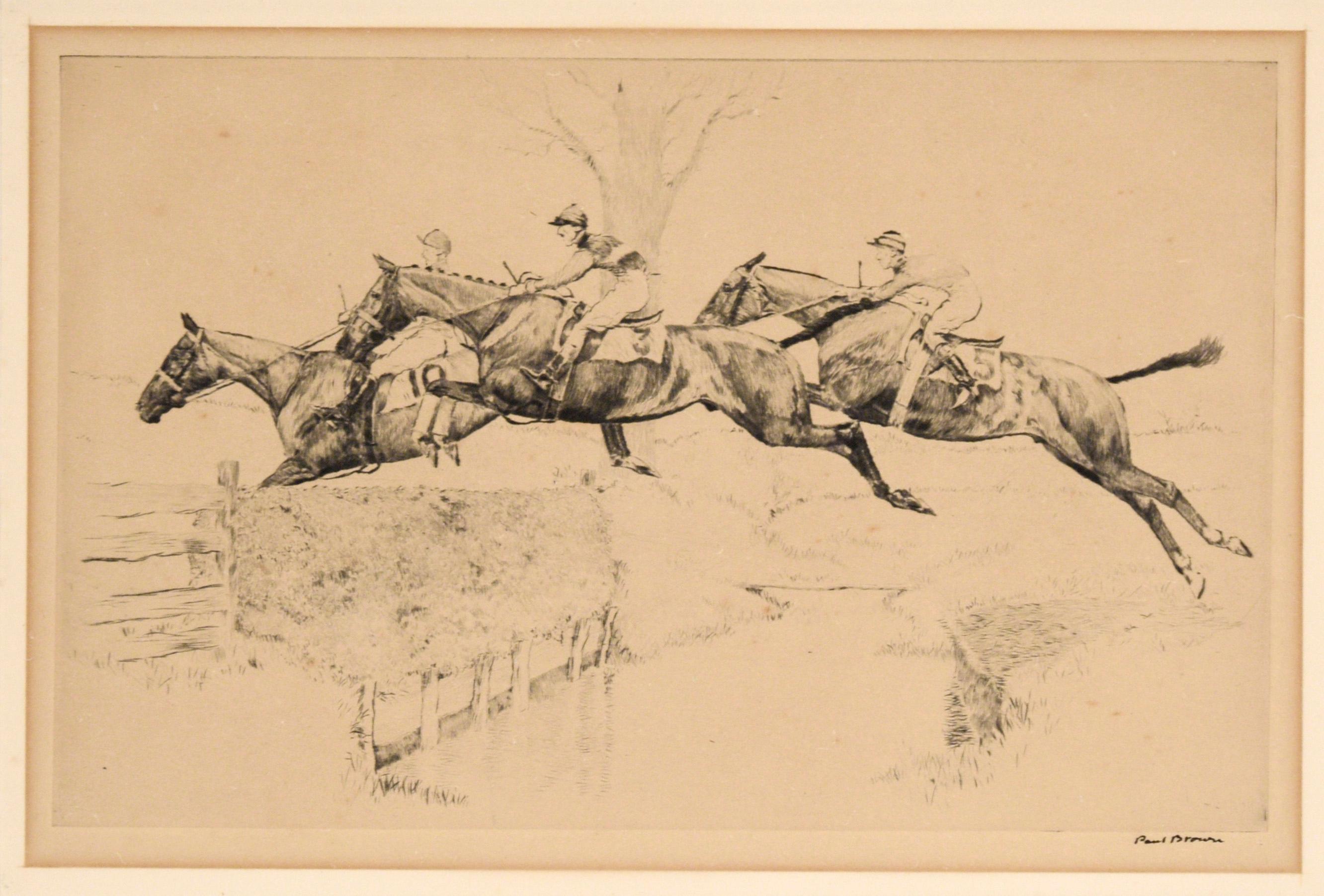 Three Steeplechasers - Drypoint Etching on Paper - Print by Paul Desmond Brown