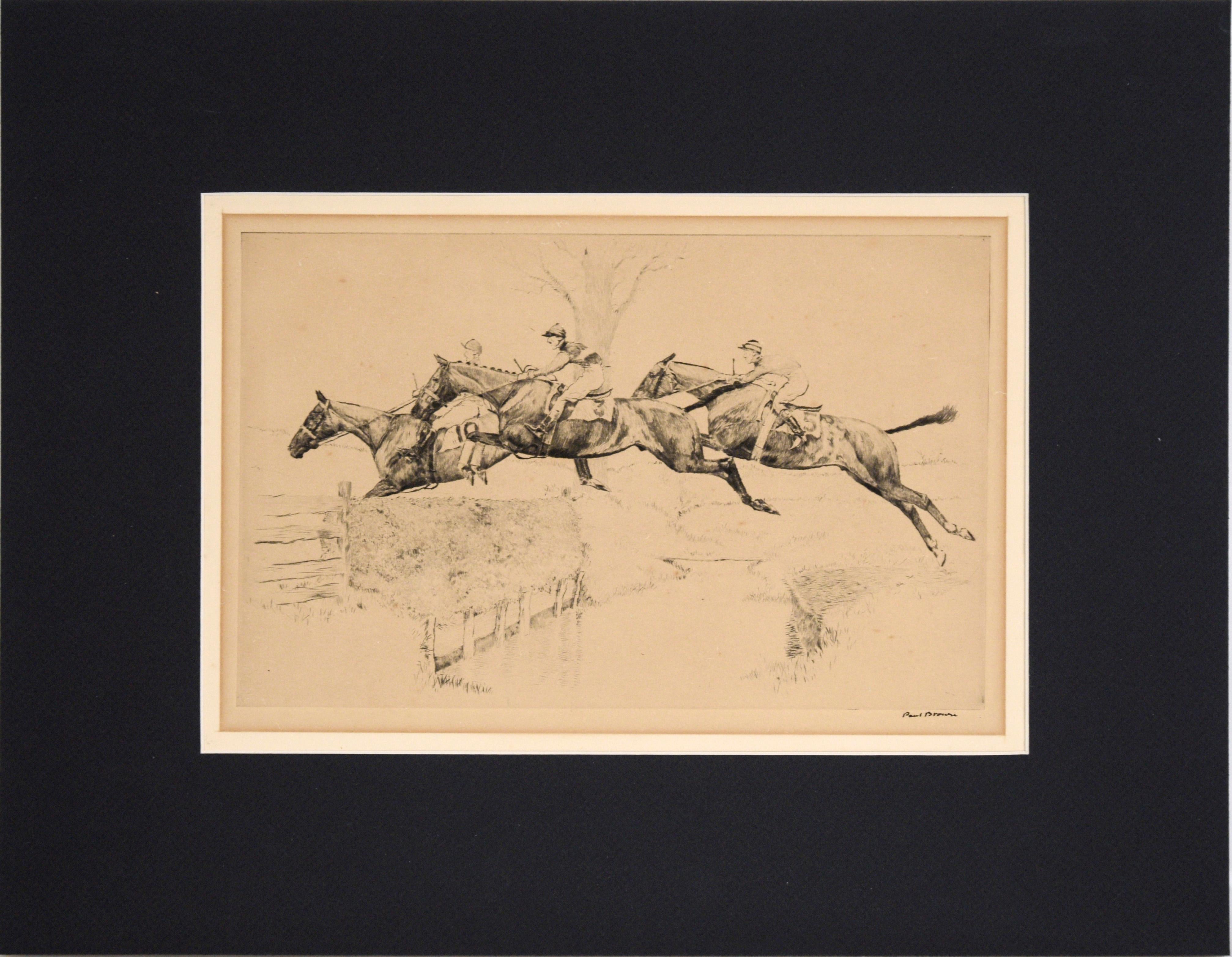 Paul Desmond Brown Figurative Print - Three Steeplechasers - Drypoint Etching on Paper