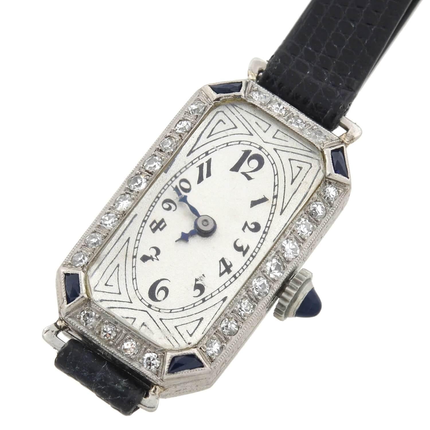 French Cut Paul Ditisheim Art Deco Diamond Sapphire Watch