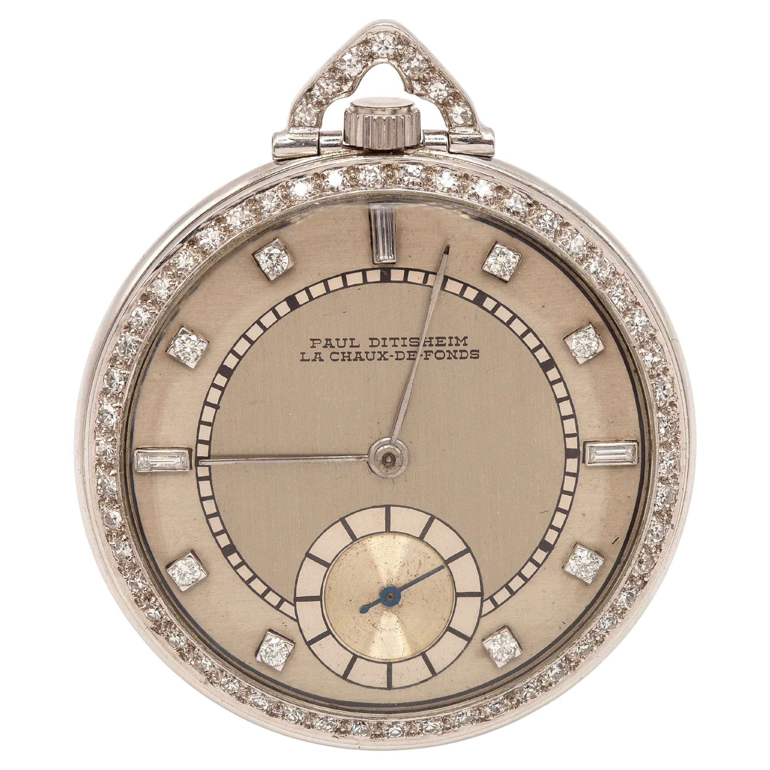 Reloj de bolsillo Art Déco Paul Ditisheim "Solvil" de platino y diamantes en venta