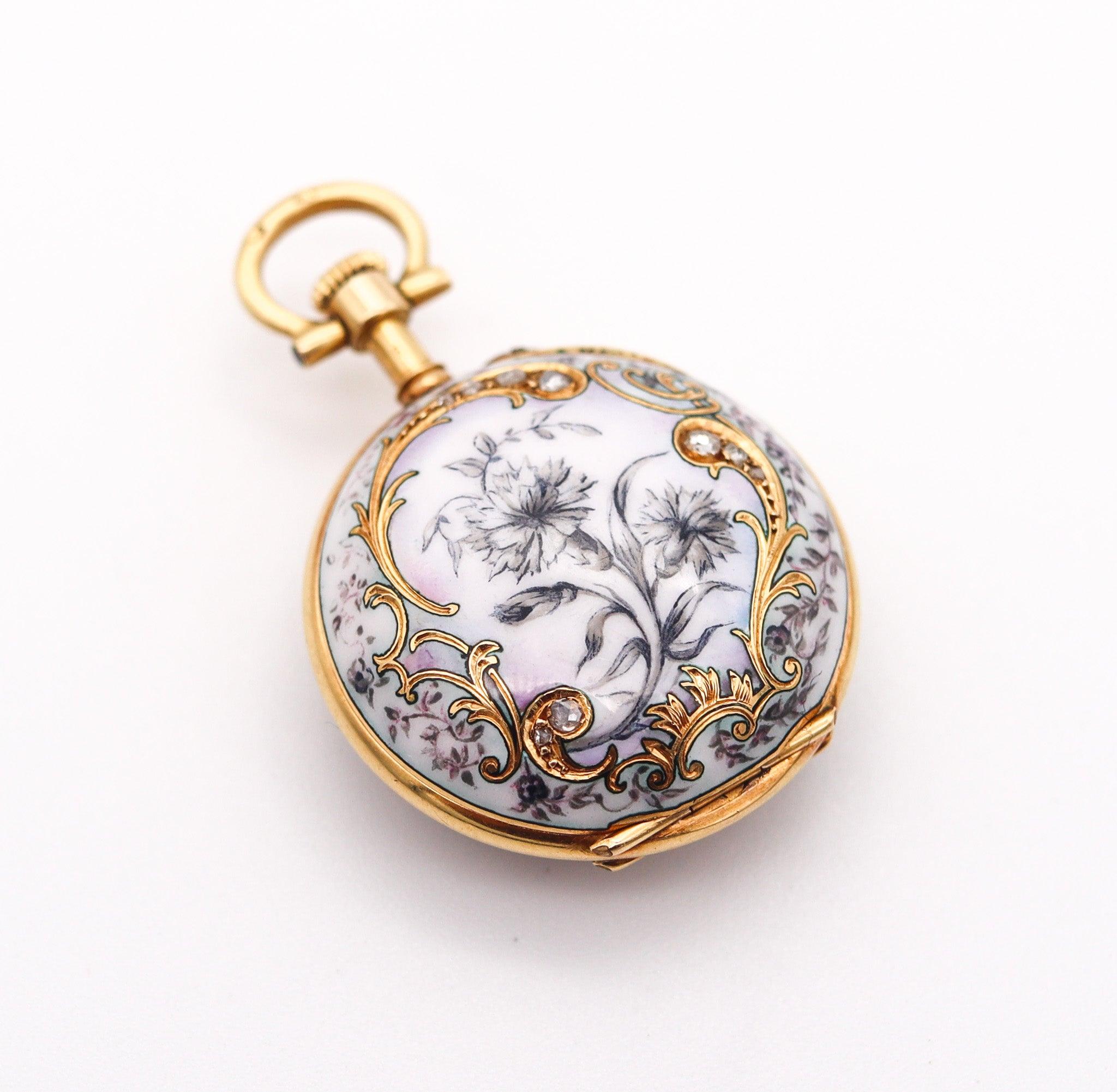 PAUL DITTSHEIM 1905 Enameled Lady Pocket Watch In 18Kt Yellow Gold With Diamonds 4