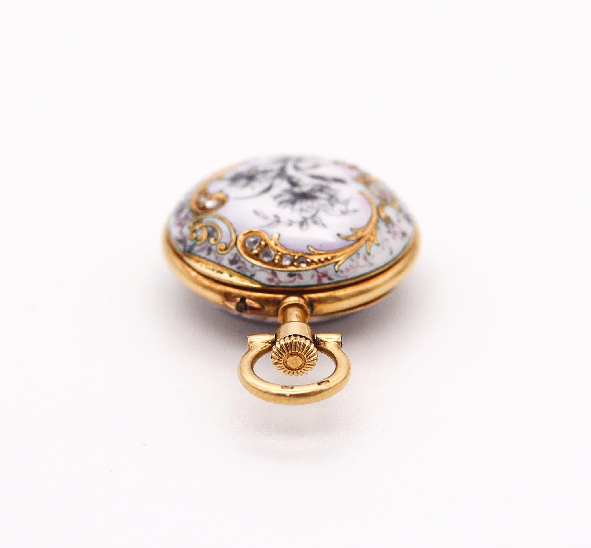 PAUL DITTSHEIM 1905 Enameled Lady Pocket Watch In 18Kt Yellow Gold With Diamonds 5