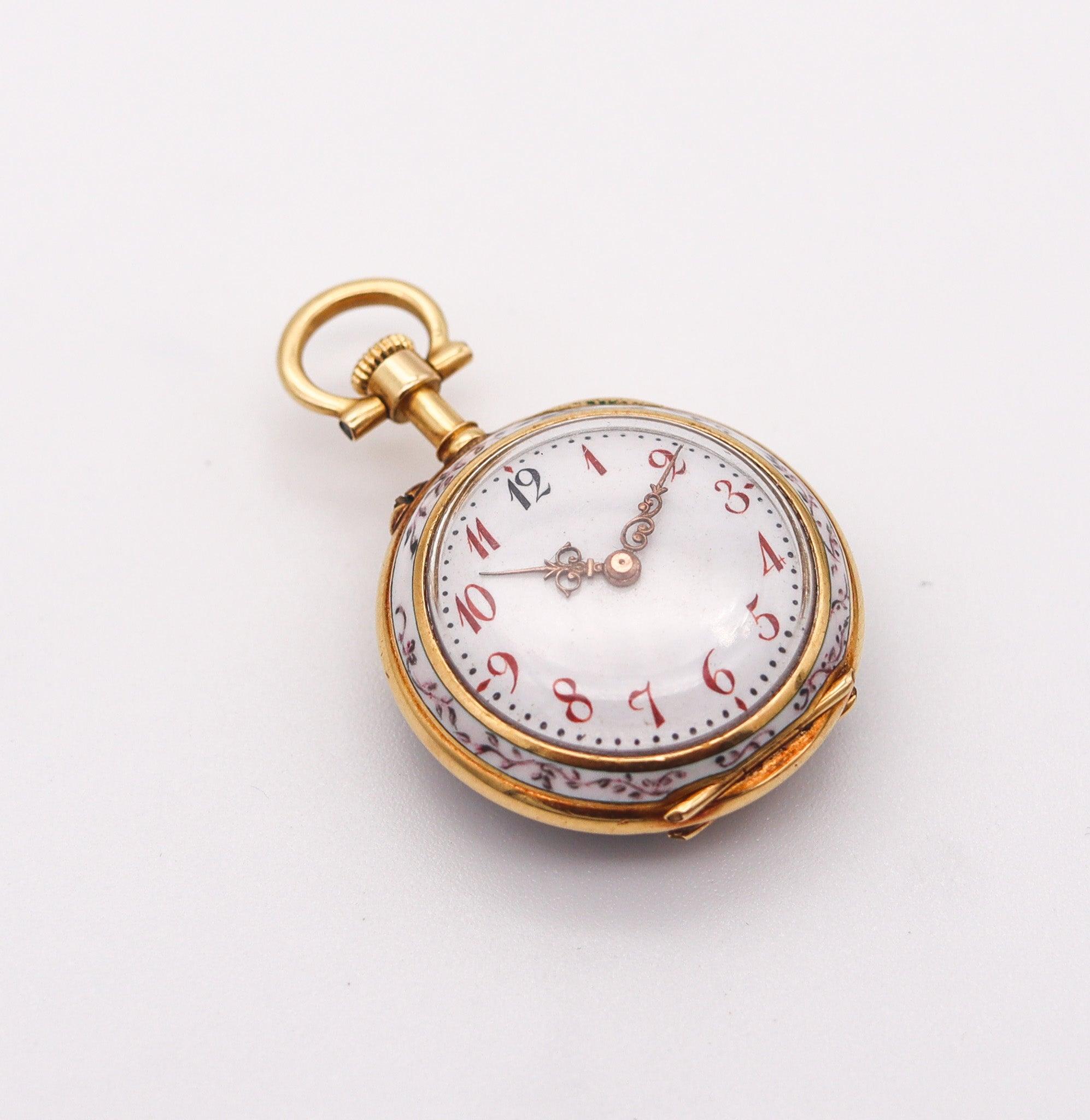 Edwardian PAUL DITTSHEIM 1905 Enameled Lady Pocket Watch In 18Kt Yellow Gold With Diamonds