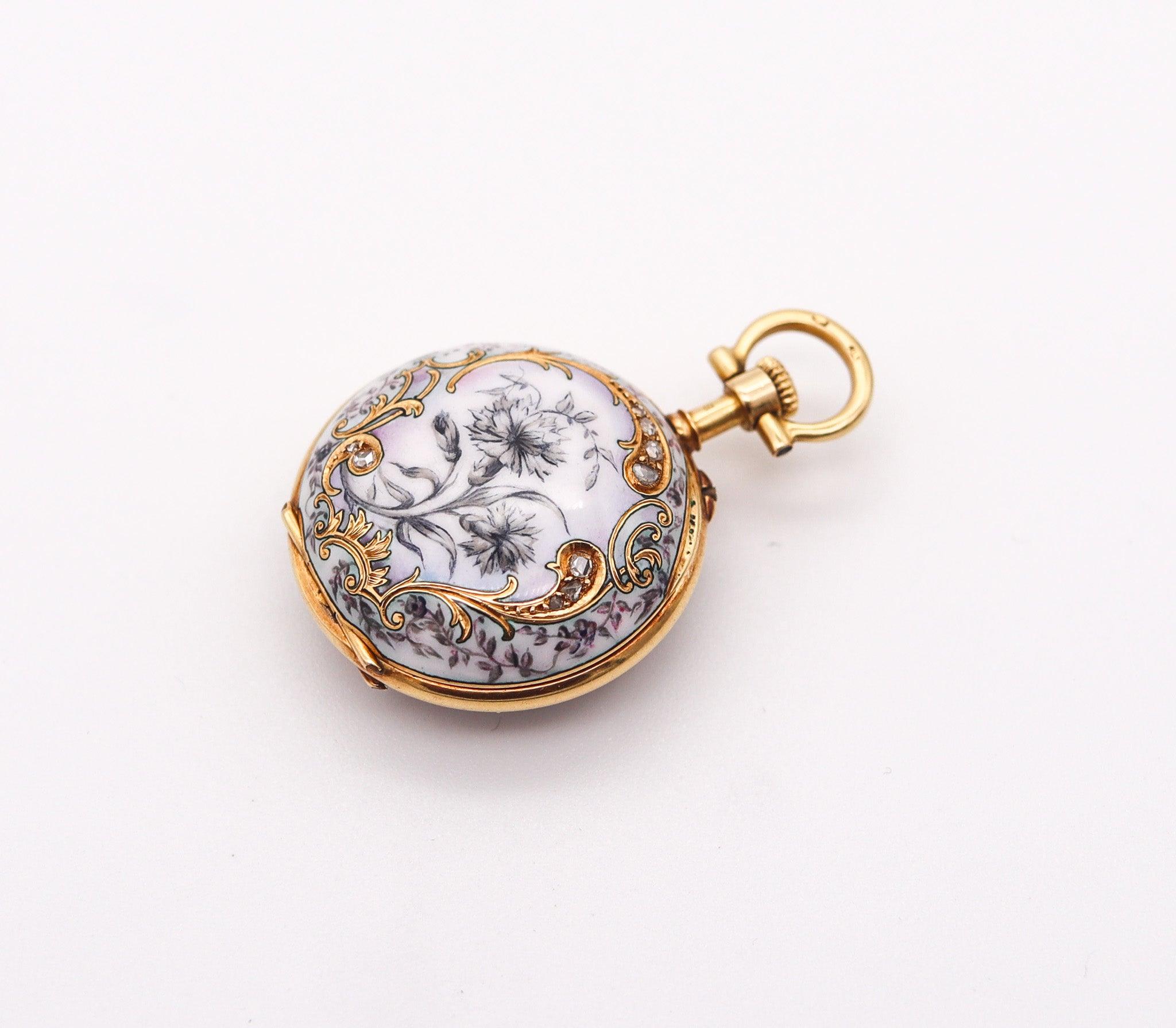 Old European Cut PAUL DITTSHEIM 1905 Enameled Lady Pocket Watch In 18Kt Yellow Gold With Diamonds