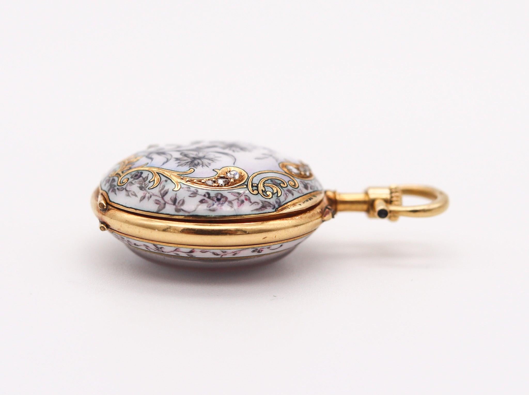 PAUL DITTSHEIM 1905 Enameled Lady Pocket Watch In 18Kt Yellow Gold With Diamonds In Excellent Condition In Miami, FL