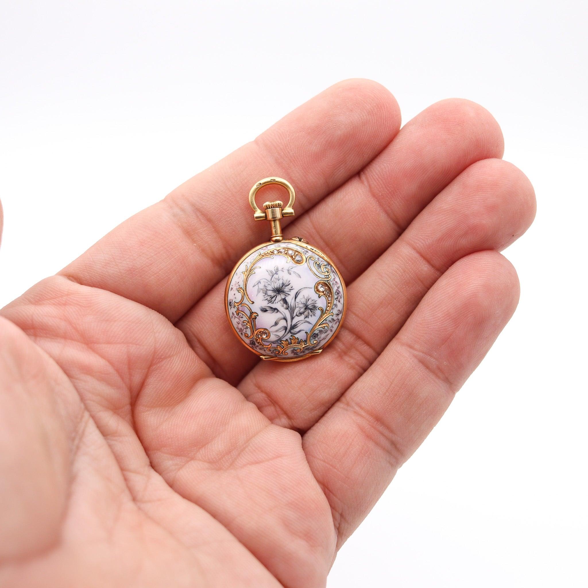 Women's PAUL DITTSHEIM 1905 Enameled Lady Pocket Watch In 18Kt Yellow Gold With Diamonds