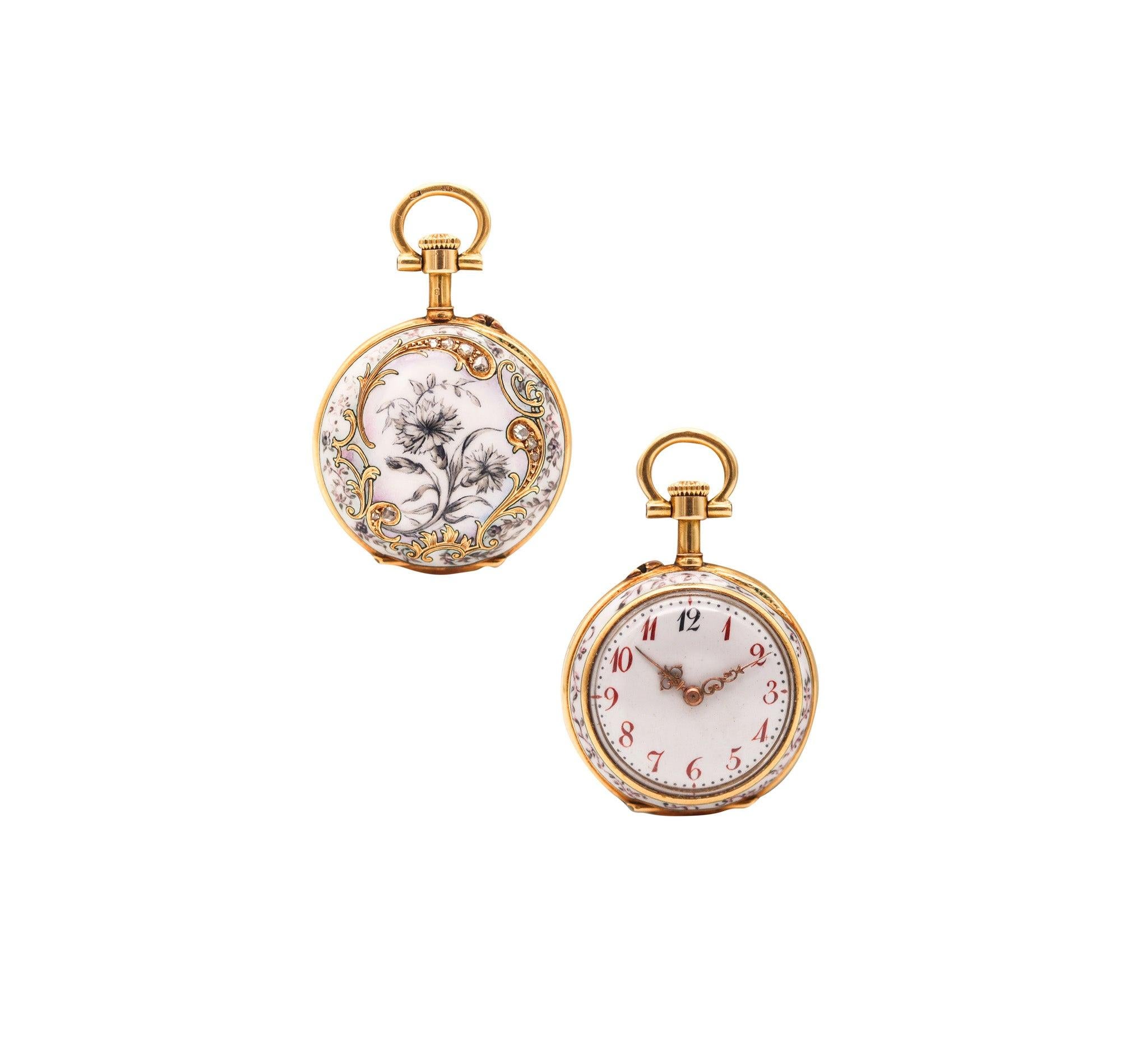 PAUL DITTSHEIM 1905 Enameled Lady Pocket Watch In 18Kt Yellow Gold With Diamonds 2