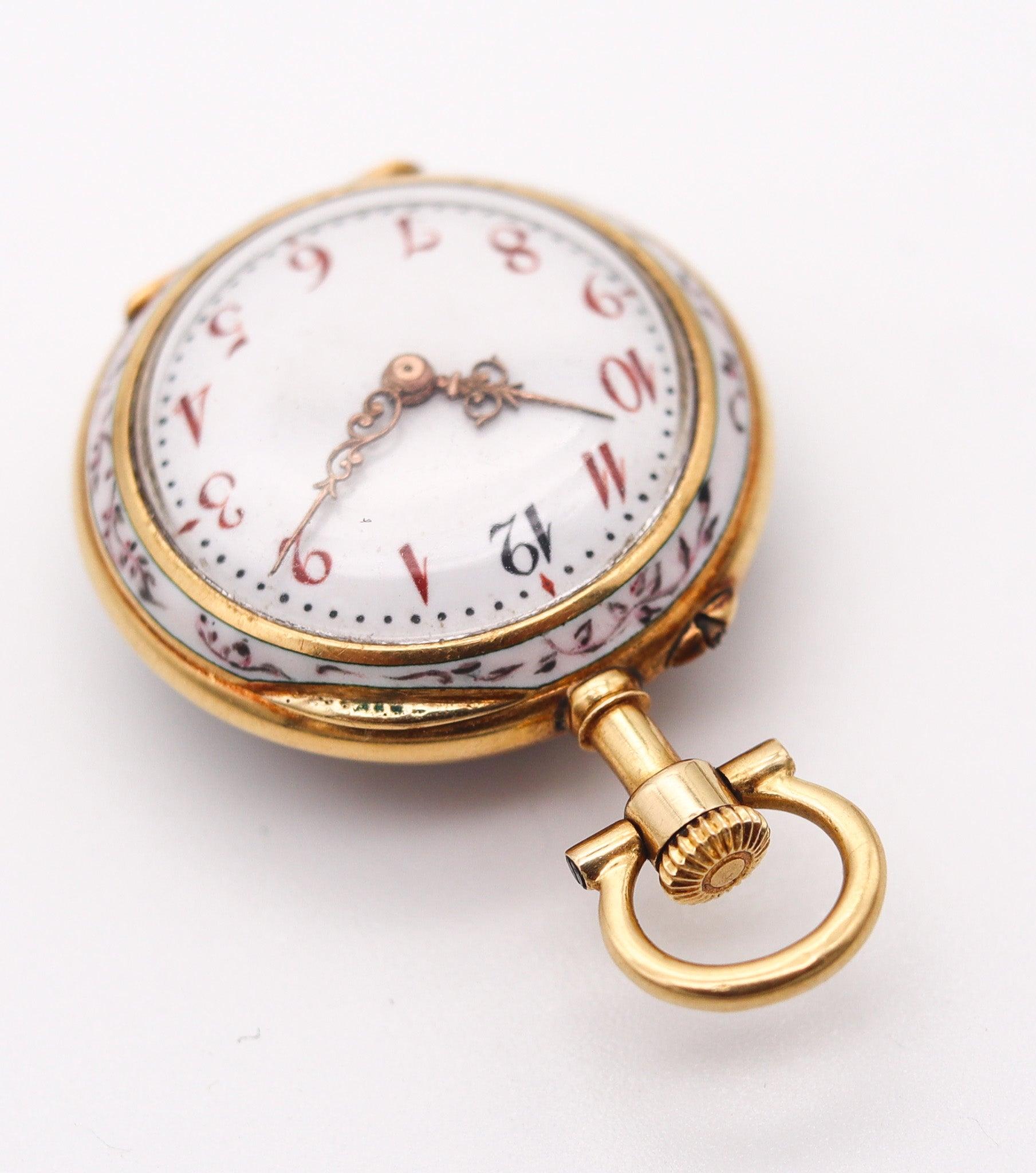 PAUL DITTSHEIM 1905 Enameled Lady Pocket Watch In 18Kt Yellow Gold With Diamonds 3
