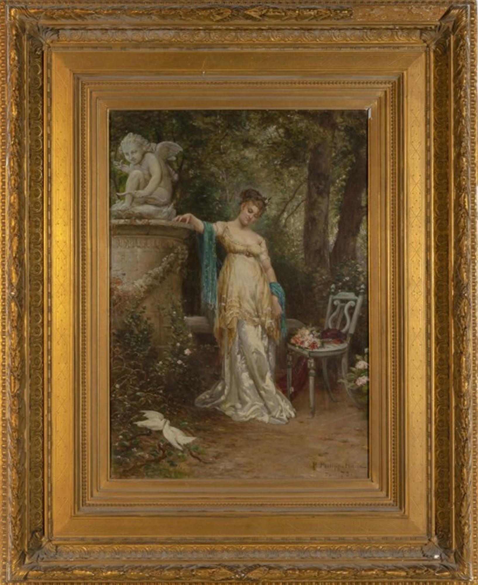 Dame and a Dove in a Garden by Paul Dominique Philippoteaux  For Sale 1