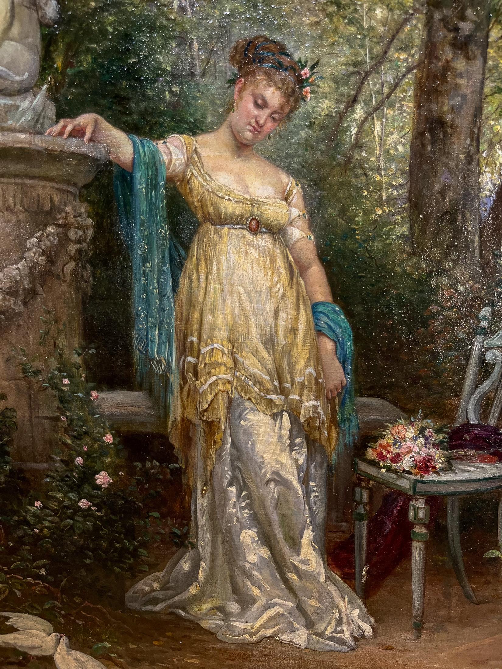 Paul Dominique Philippoteaux  Dama y paloma en un jardín pintura al óleo . 3