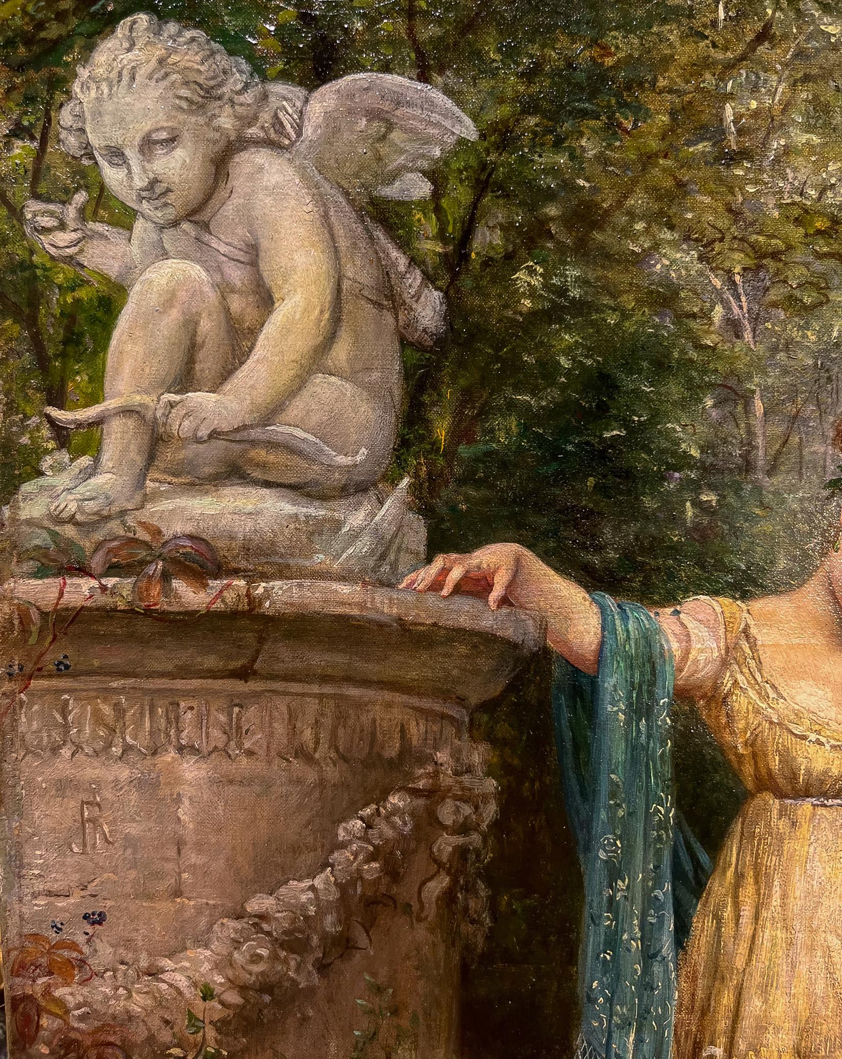 Paul Dominique Philippoteaux  Dama y paloma en un jardín pintura al óleo . 5