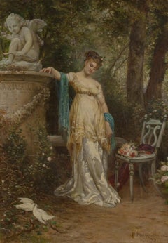 Paul Dominique Philippoteaux Dame und eine Taube in einem Garten Ölgemälde.