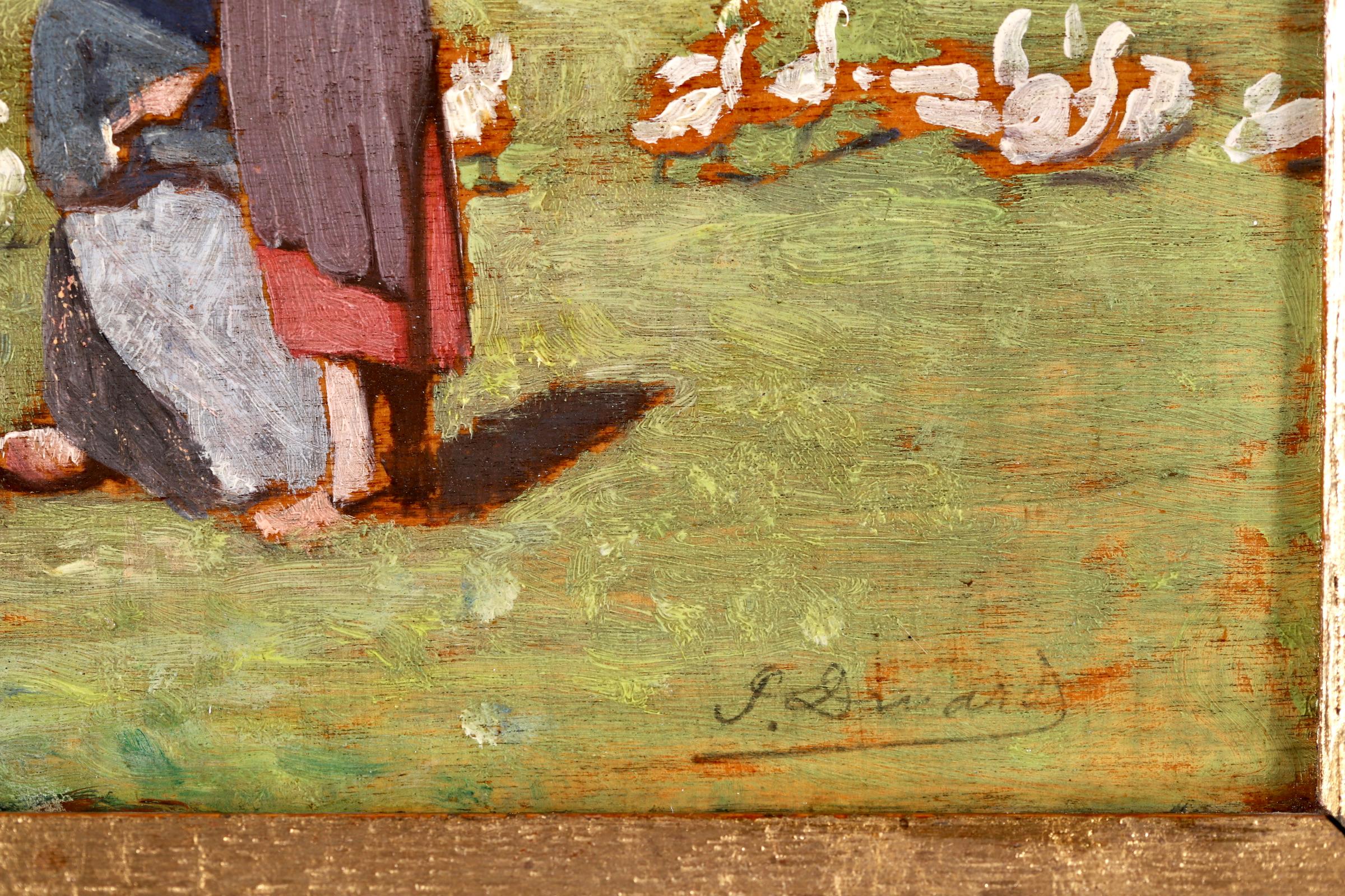 Enfants et les oies – Realistisches Ölgemälde, Figuren und Gänseblümchen in Landschaft von Paul Druard 2