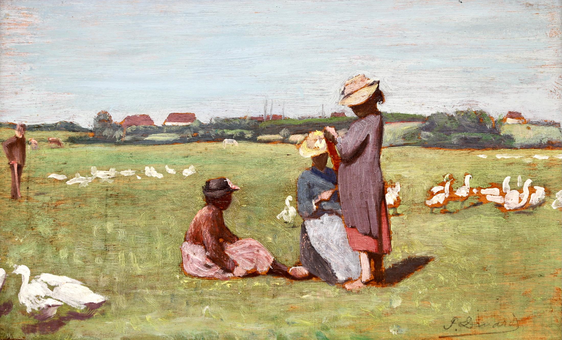 Eine schöne und charmante Öl auf Panel um 1890 von Französisch Realist Maler Paul Druard. Das Werk ist eine Darstellung des bäuerlichen Lebens. Eine Mutter sitzt im Gras, rechts von ihr sitzt eine Tochter, links von ihr steht eine andere. Weiße