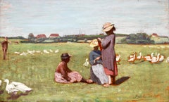 Enfants et les oies - Realist Oil, Figures & Geese in Landscape by Paul Druard