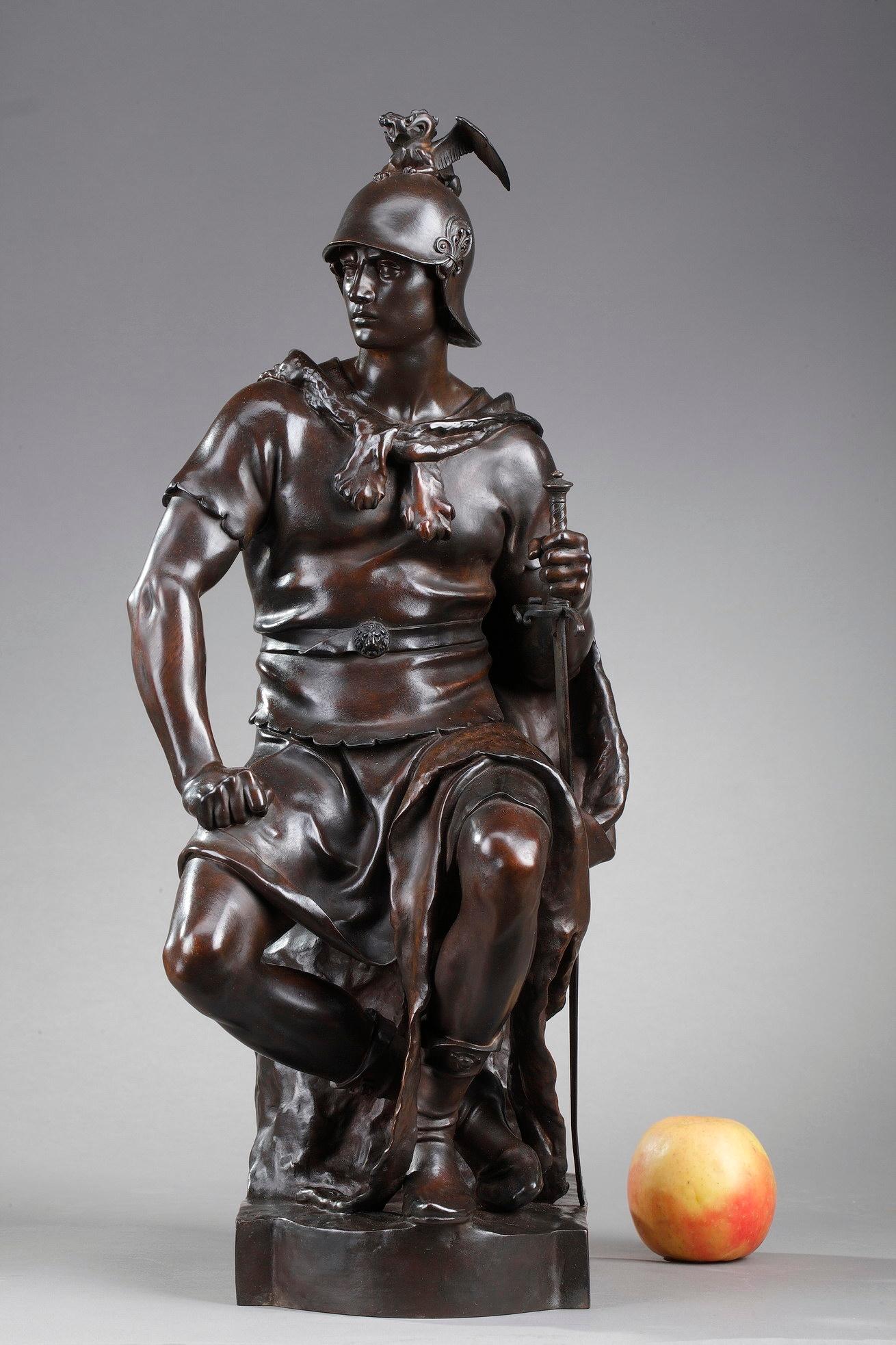Late 19th century allegorical bronze figure of the Courage militaire [Military courage], designed by Paul Dubois and cast by the French bronzeur Ferdinand Barbedienne. Signed on the base P. DUBOIS. Marked F. BARBEDIENNE Fondeur Paris and Reduction