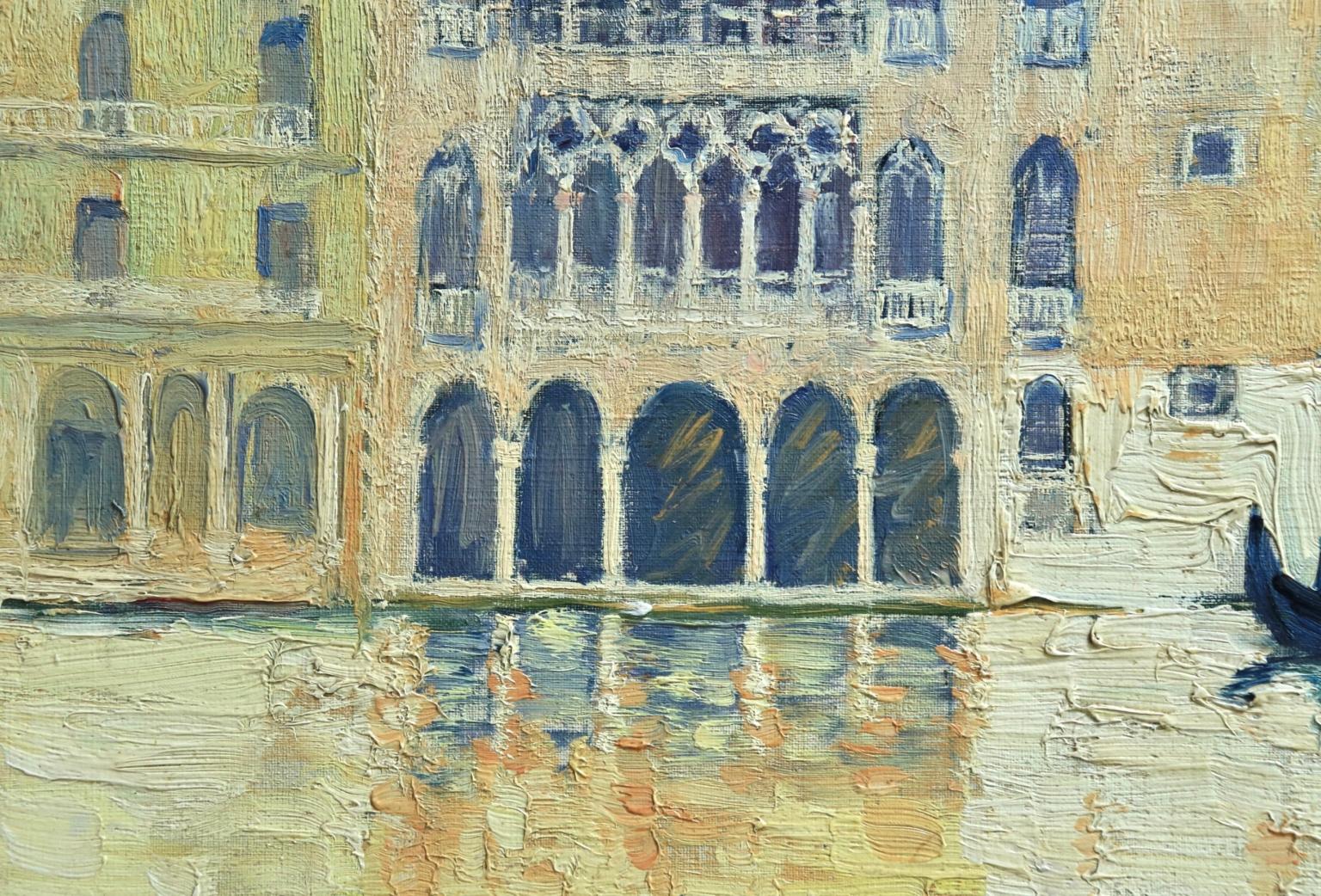 A wonderful oil on canvas by French Orientalist painter Paul Elie Dubois depicting a gondola sailing along the canal in Venice, the buildings bordering the canals reflecting in the water. Signed lower left and signed & titled verso.