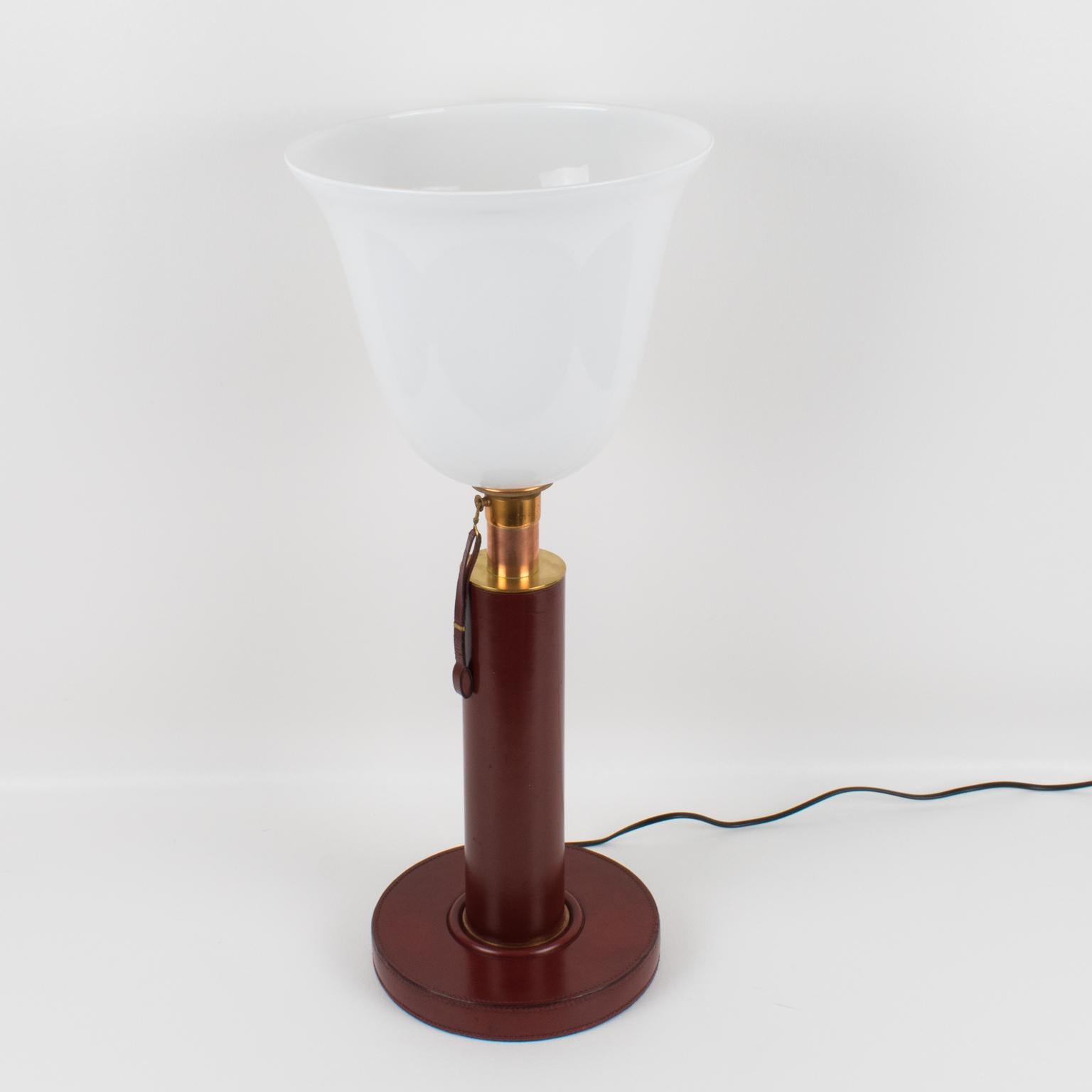 Paul Dupre Lafon 1950s French Art Deco Hand-Stitched Red Leather Table Lamp 15