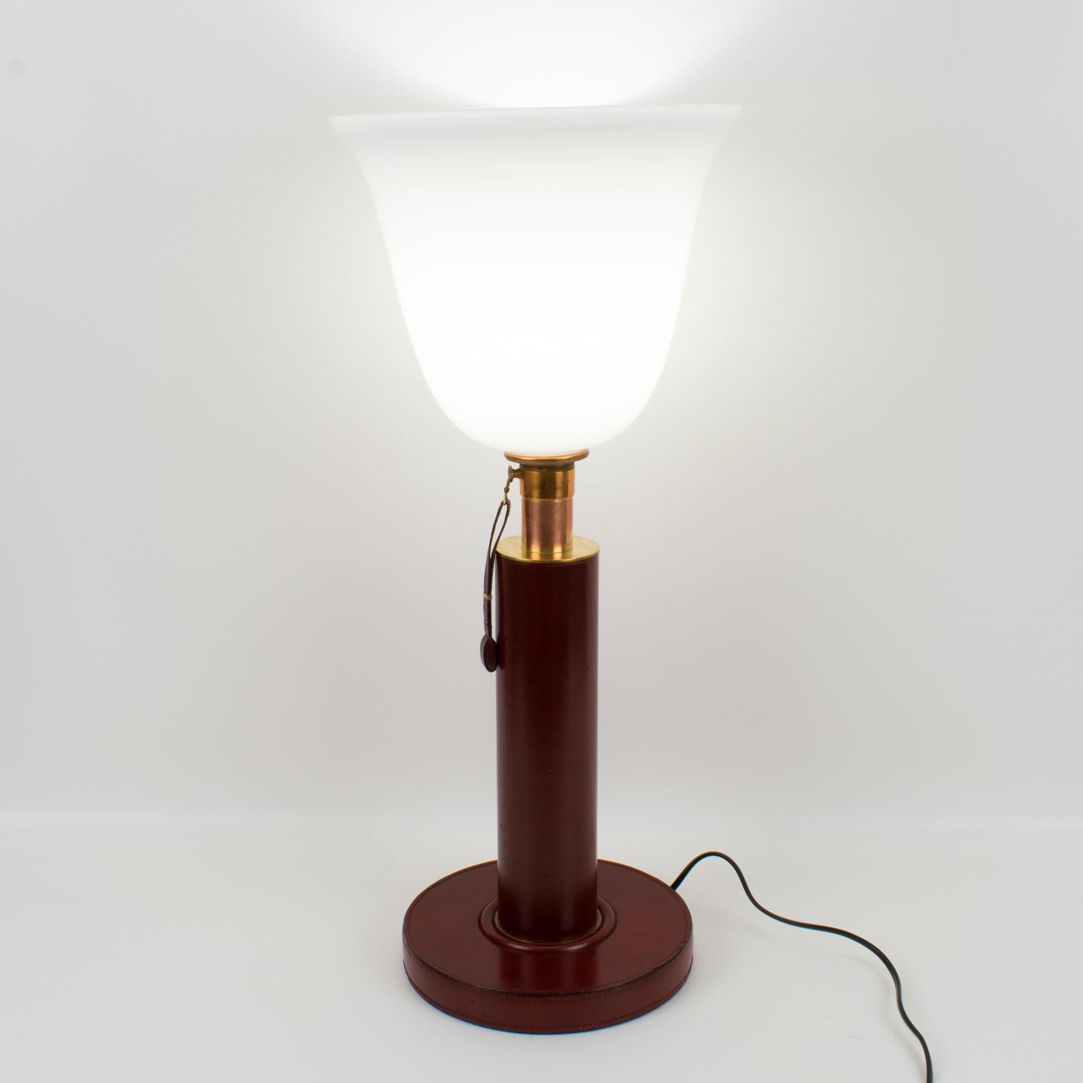 Paul Dupre Lafon 1950s French Art Deco Hand-Stitched Red Leather Table Lamp In Good Condition In Atlanta, GA