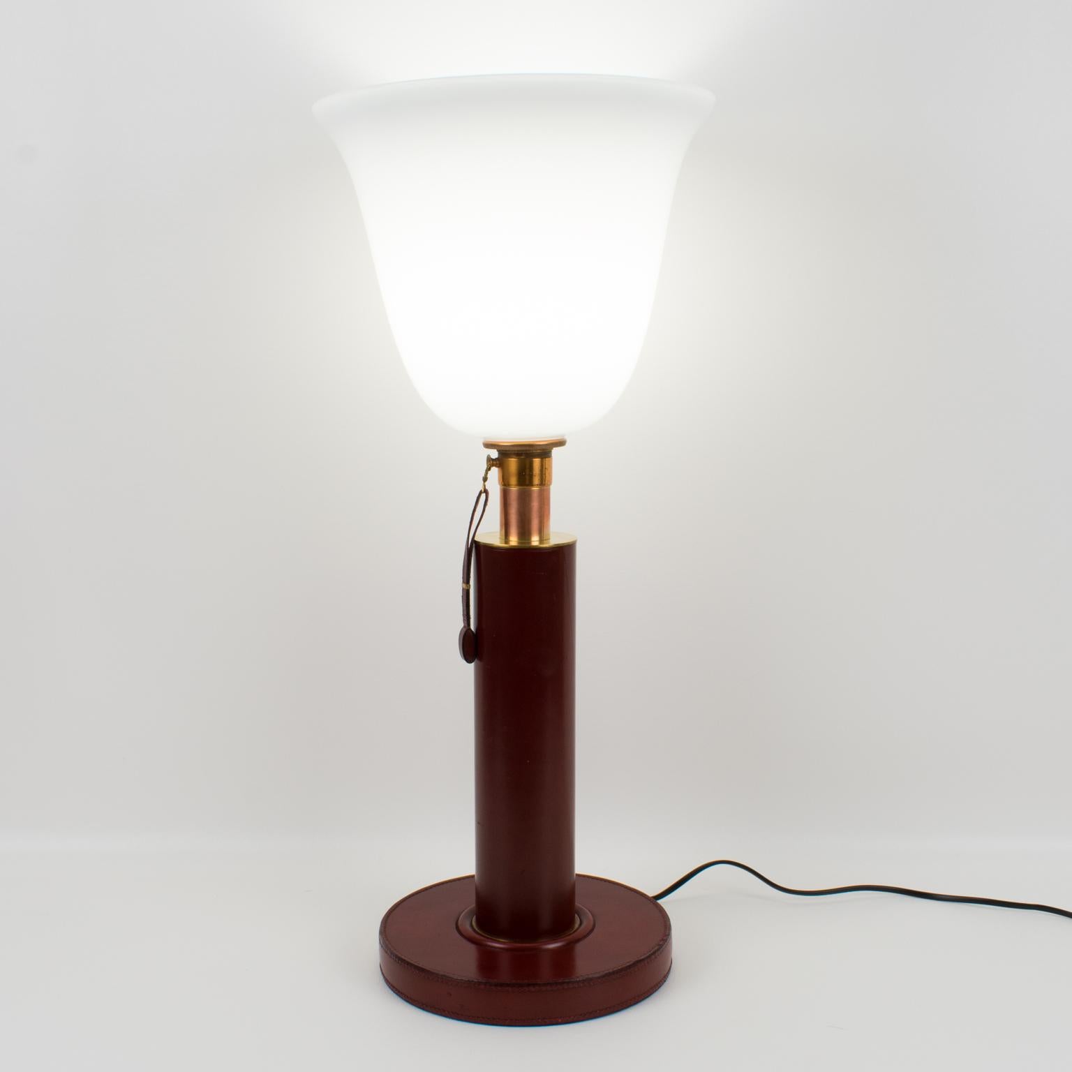 Mid-20th Century Paul Dupre Lafon 1950s French Art Deco Hand-Stitched Red Leather Table Lamp