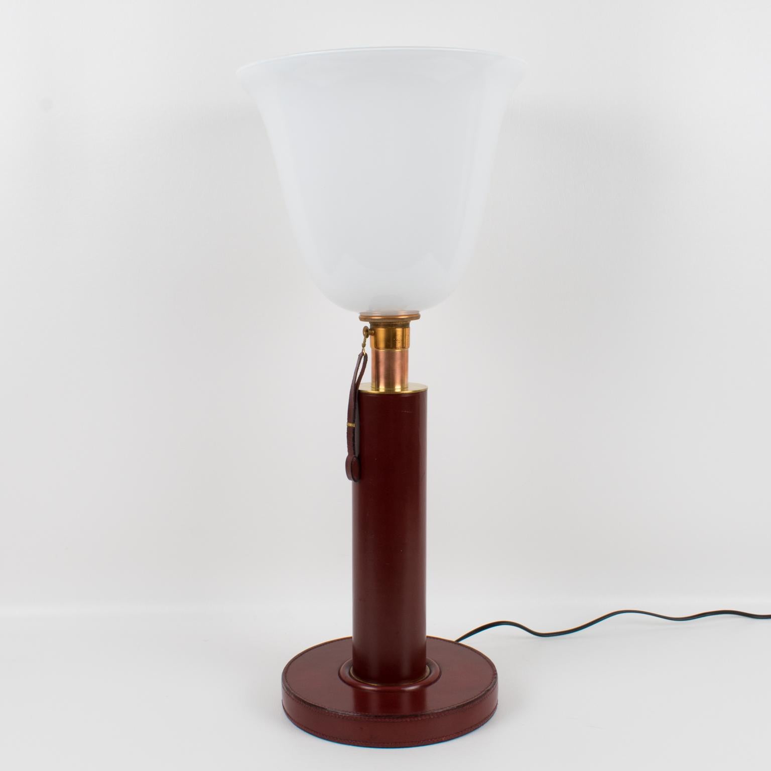 Brass Paul Dupre Lafon 1950s French Art Deco Hand-Stitched Red Leather Table Lamp